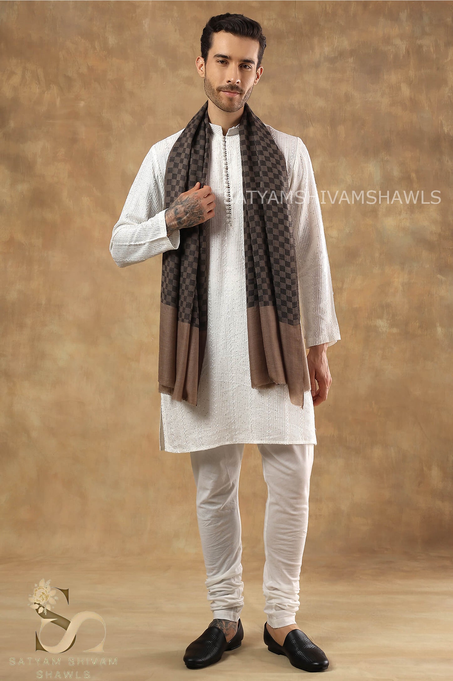 EXTRA FINE WOOL MIST CHECK MENS STOLE, TOOSHBLACK