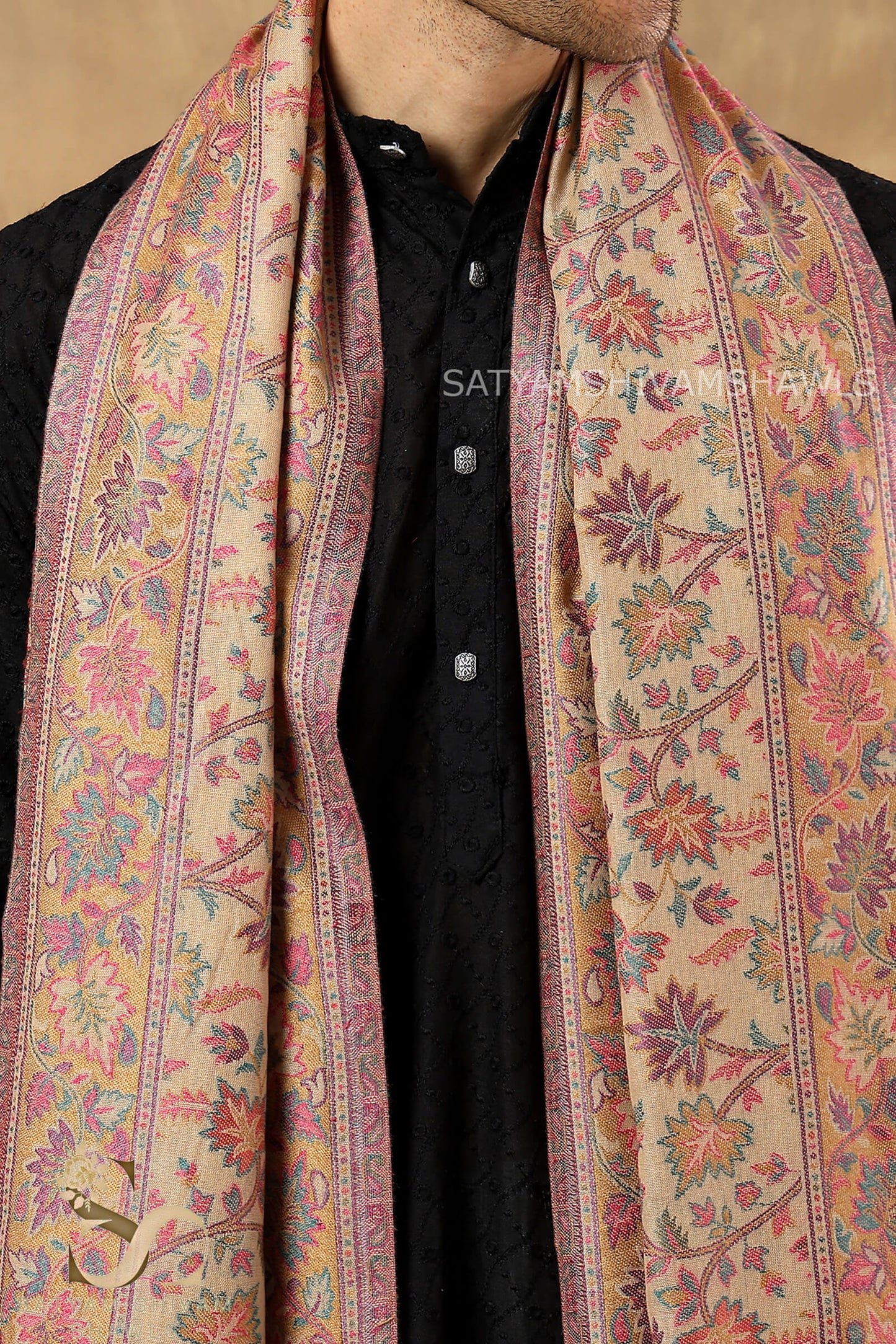 MENS ETHNIC KASHMIRI CHINAR DESIGN KANI SHAWL, Light Weight, Soft And Warm, BEIGE