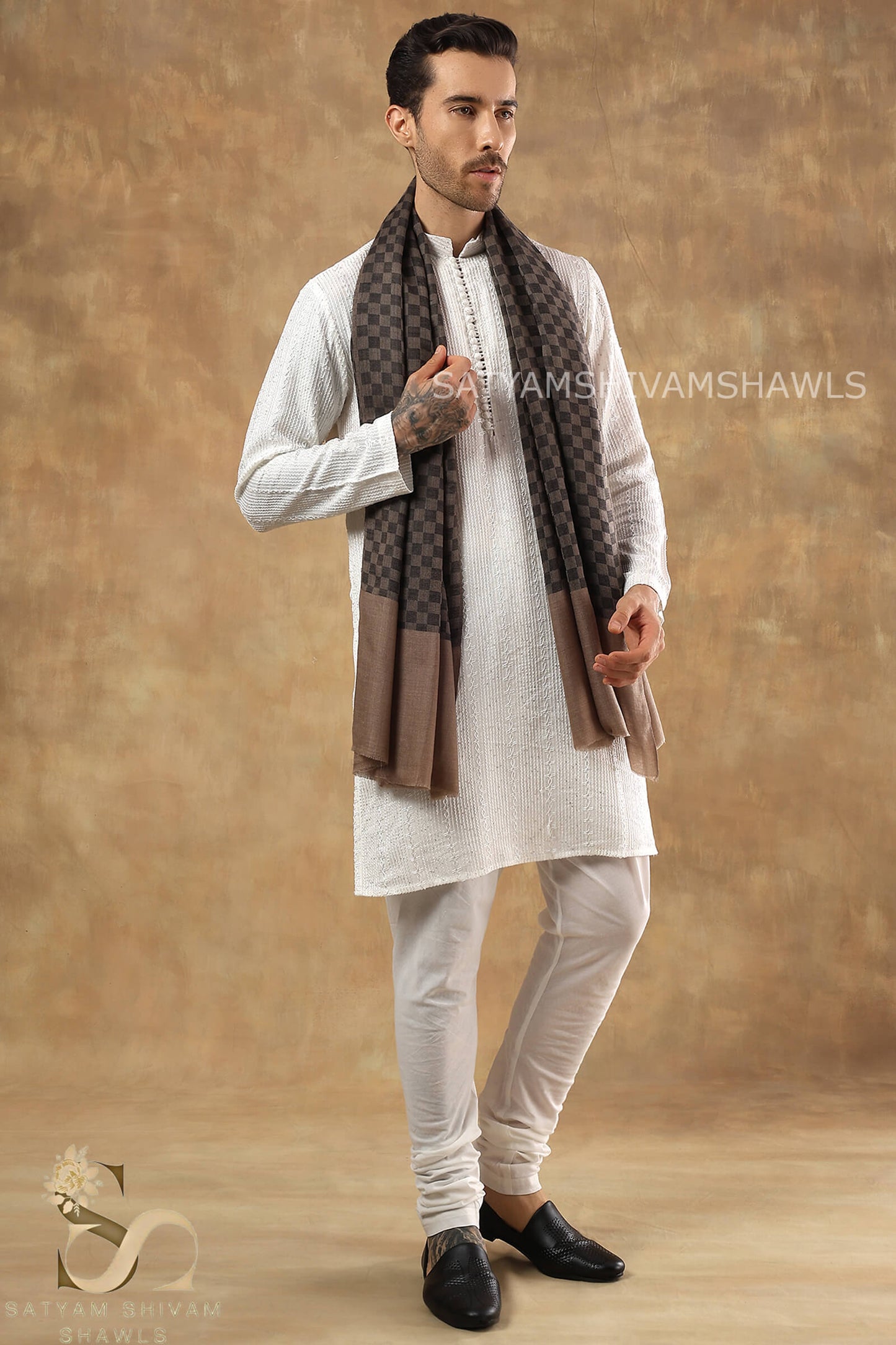 EXTRA FINE WOOL MIST CHECK MENS STOLE, TOOSHBLACK