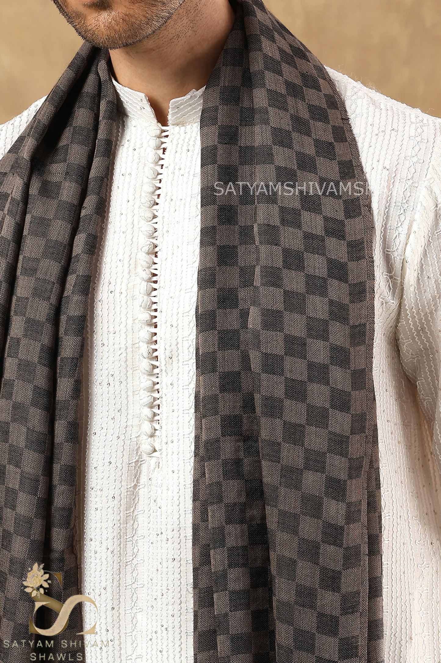 EXTRA FINE WOOL MIST CHECK MENS STOLE, TOOSHBLACK