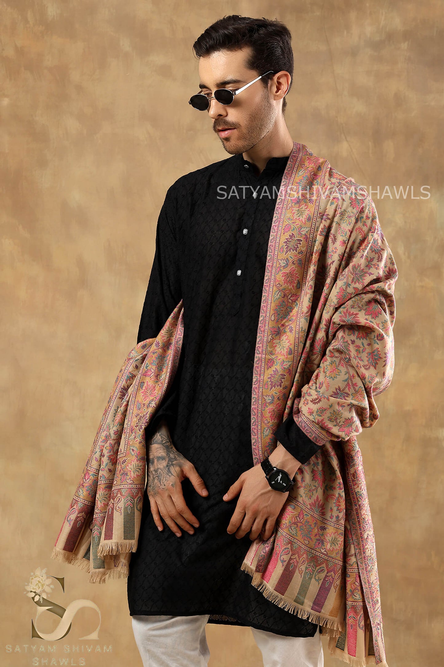 MENS ETHNIC KASHMIRI CHINAR DESIGN KANI SHAWL, Light Weight, Soft And Warm, BEIGE