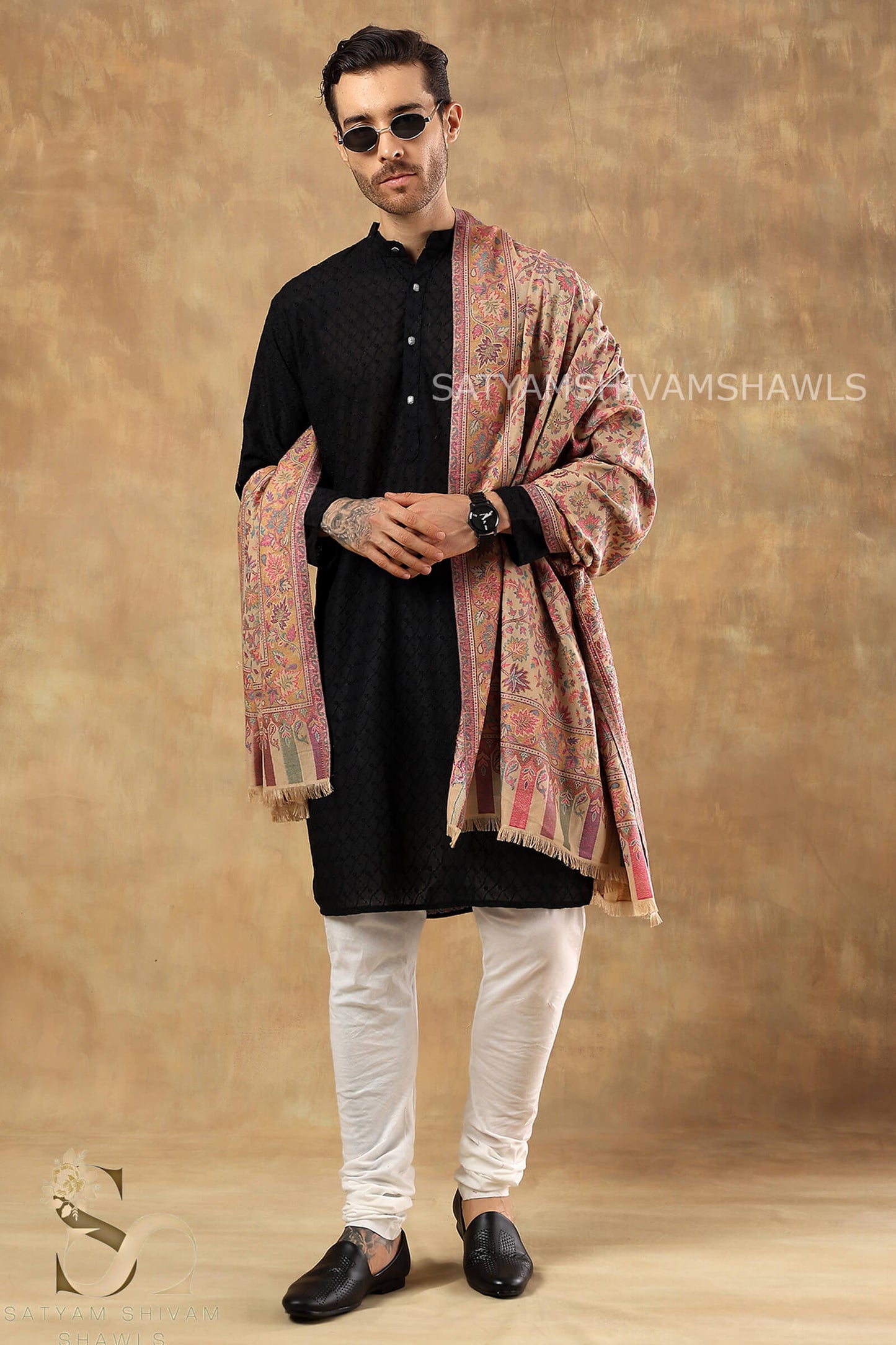 MENS ETHNIC KASHMIRI CHINAR DESIGN KANI SHAWL, Light Weight, Soft And Warm, BEIGE