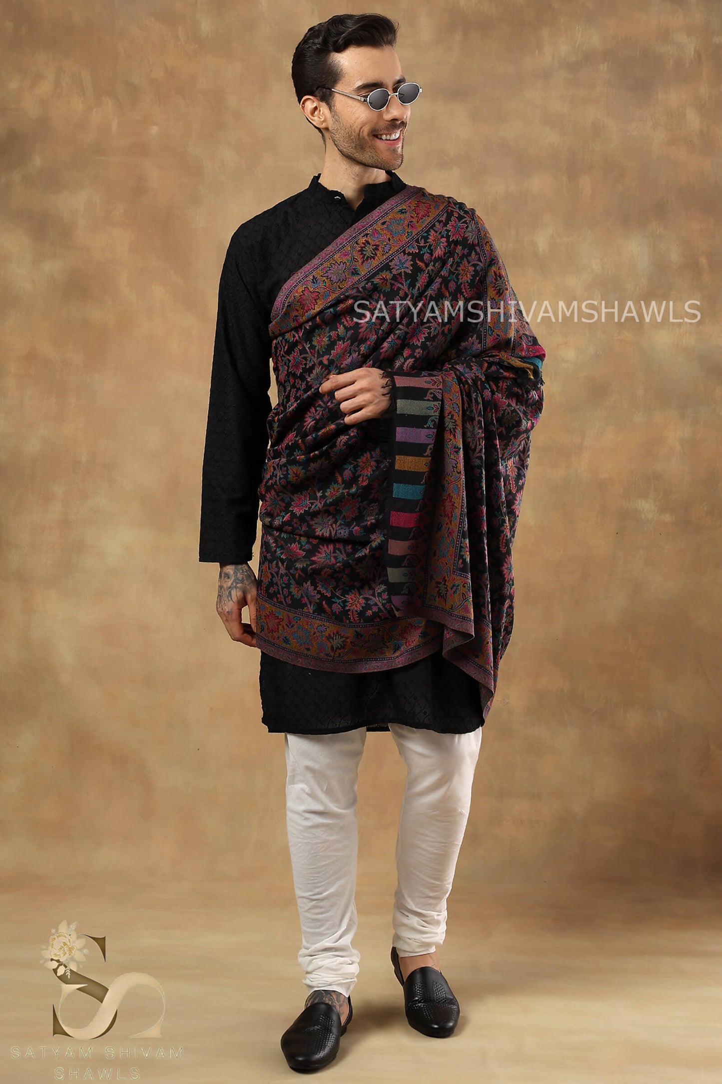 MENS ETHNIC KASHMIRI CHINAR DESIGN KANI SHAWL, Light Weight, Soft And Warm, BLACK