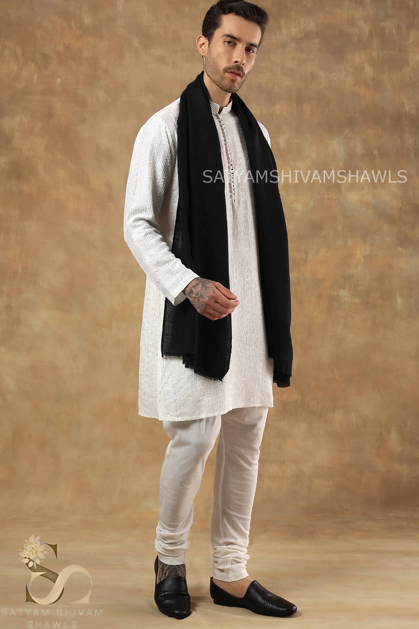 EXTRA FINE WOOL MIST CHECK MENS STOLES,BLACK