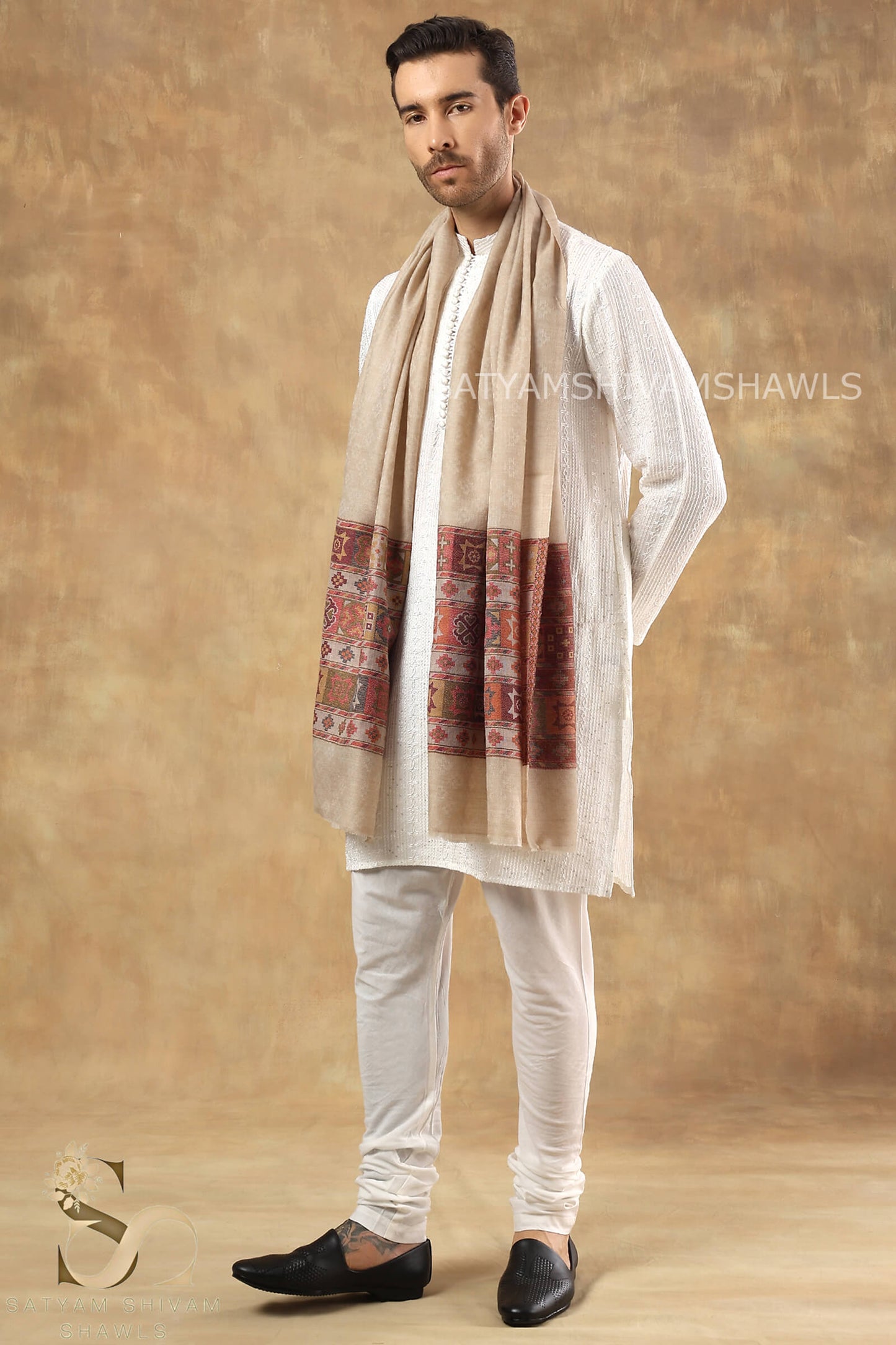 LUXURY PASHMINA KULLU DESIGN WOVEN PALLA MENS STOLE ,SKIN