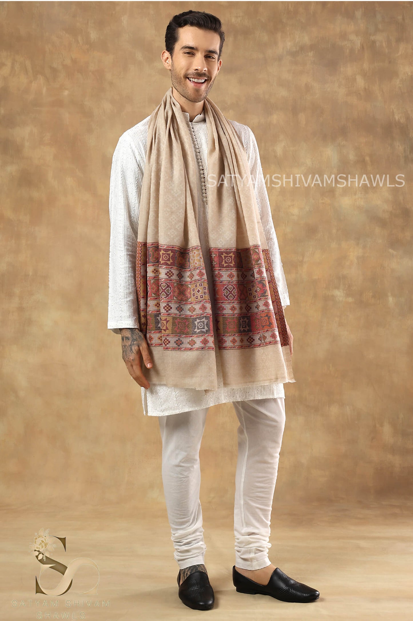 LUXURY PASHMINA KULLU DESIGN WOVEN PALLA MENS STOLE ,SKIN