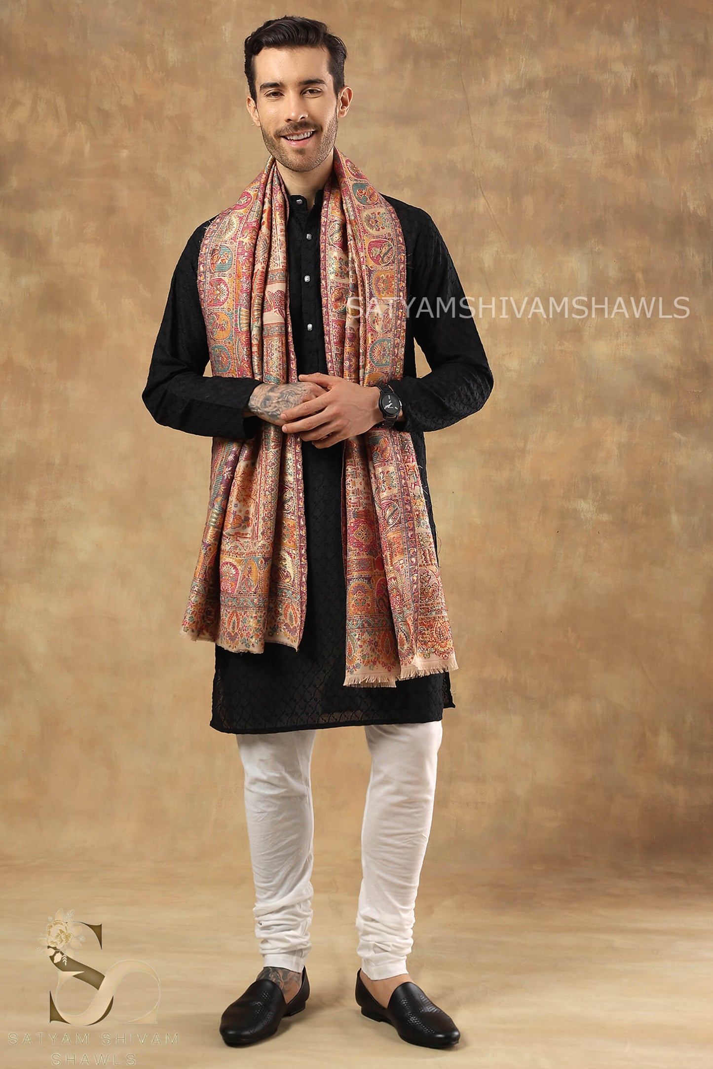 "SHAAN -E-DARBAR" THEME KANI PASHMINA BLEND WOOL SHAWLS ,LIGHTWEIGHT AND WARM,BEIGE