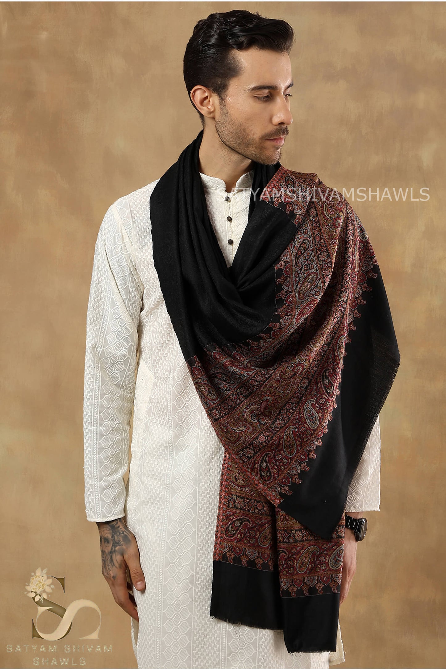 EXTRA FINE WOOL KASHMIRI PAISLEY PALLA MENS STOLE, BLACK