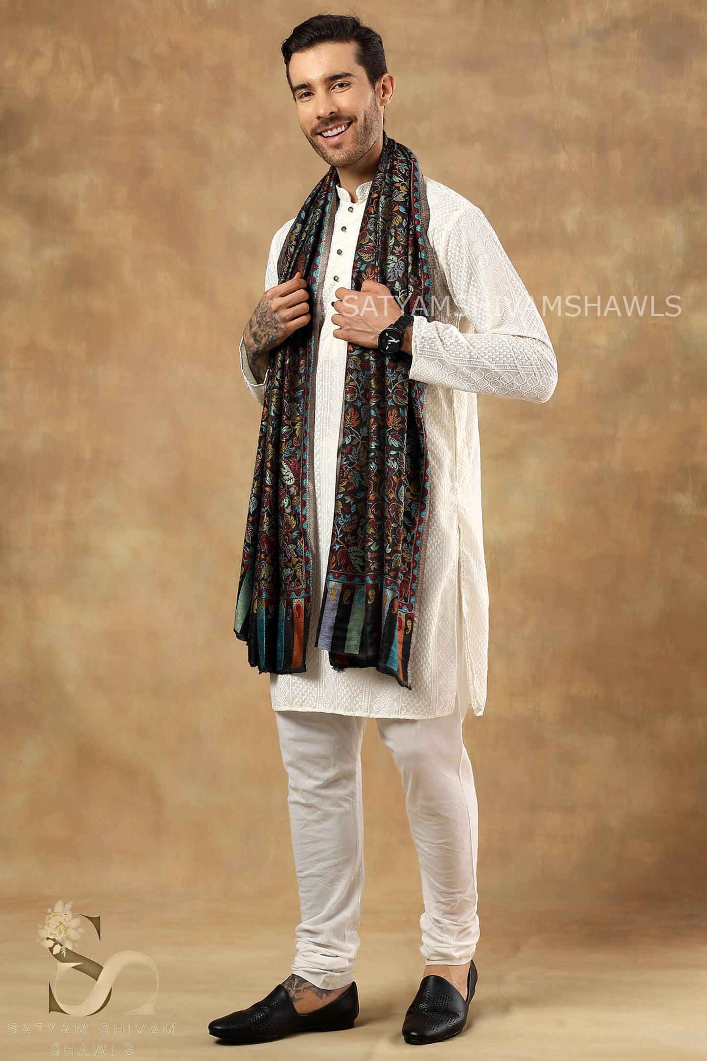 CHINAR KASHMIRI MULTY COLOUR COMBINATION SILK PASHMINA MENS SHAWLS,MULTY BLACK