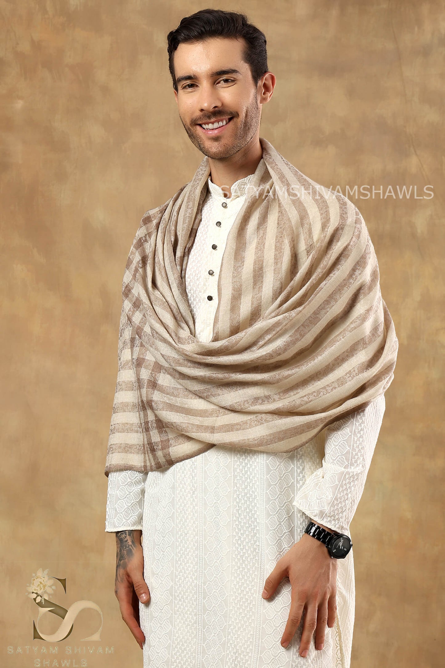 HIS AND HER SET OF MENS FINE WOOL CHECK STRIPS STOLE AND WOMEN PURE WOOL BORDER SHAWL