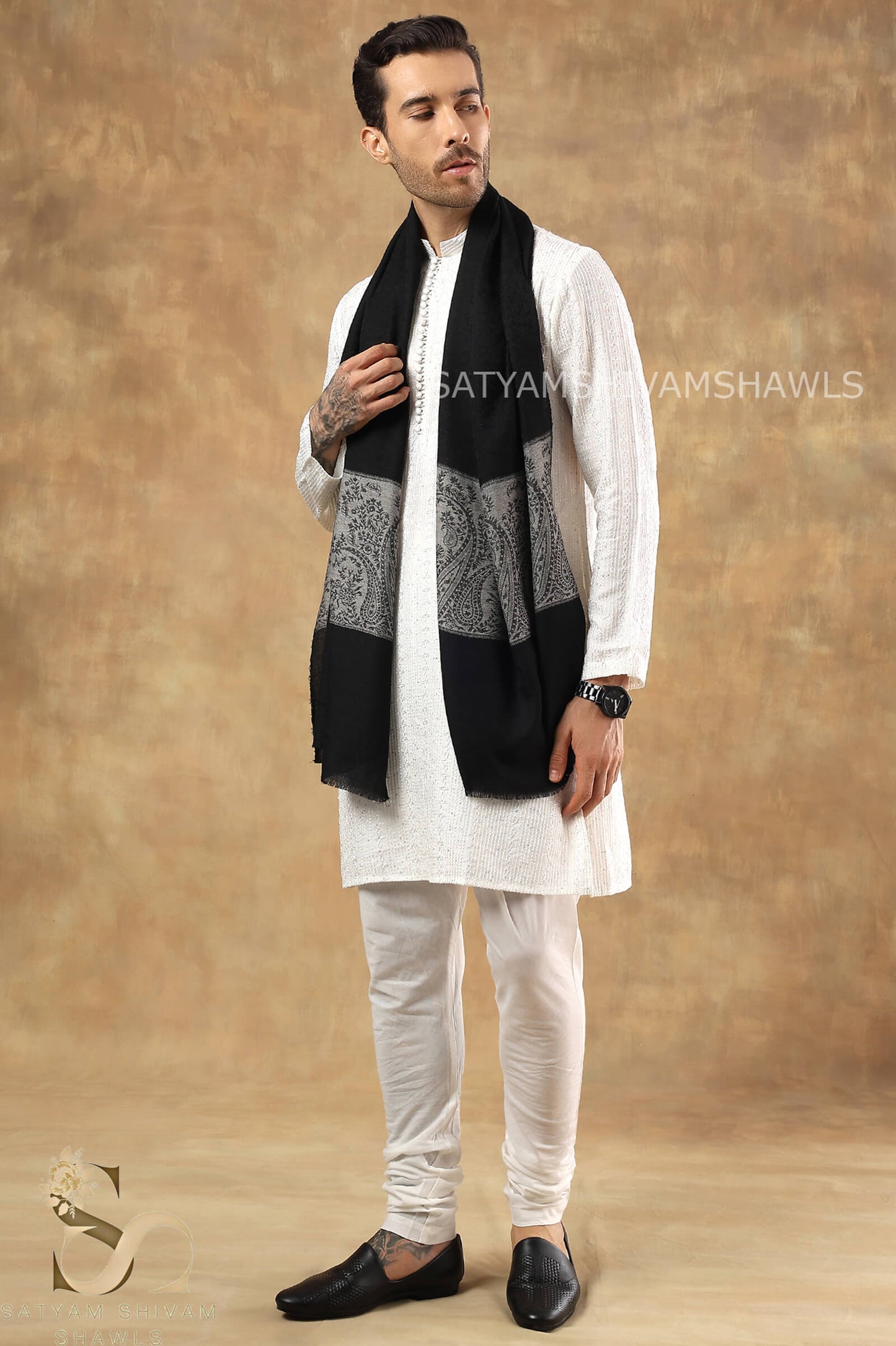 KASHMIRI BLACK SELF WITH ROYAL SKIN PALLA LUXURY PASHMINA STOLE ,MENS