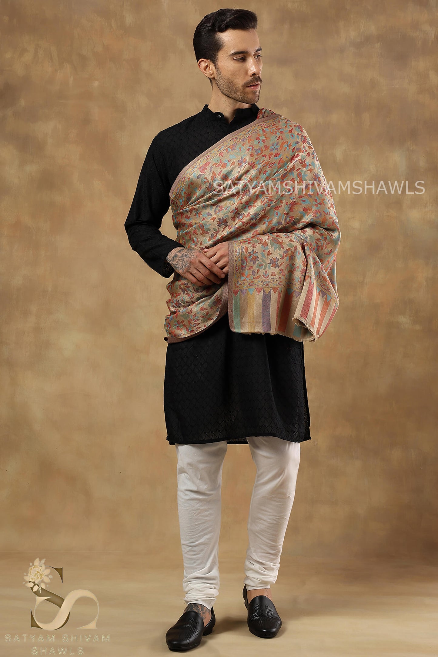 NAAQSH-E-KANI JAMAWAR SILK PASHMINA MENS SHAWLS,BEIGE GOLDEN