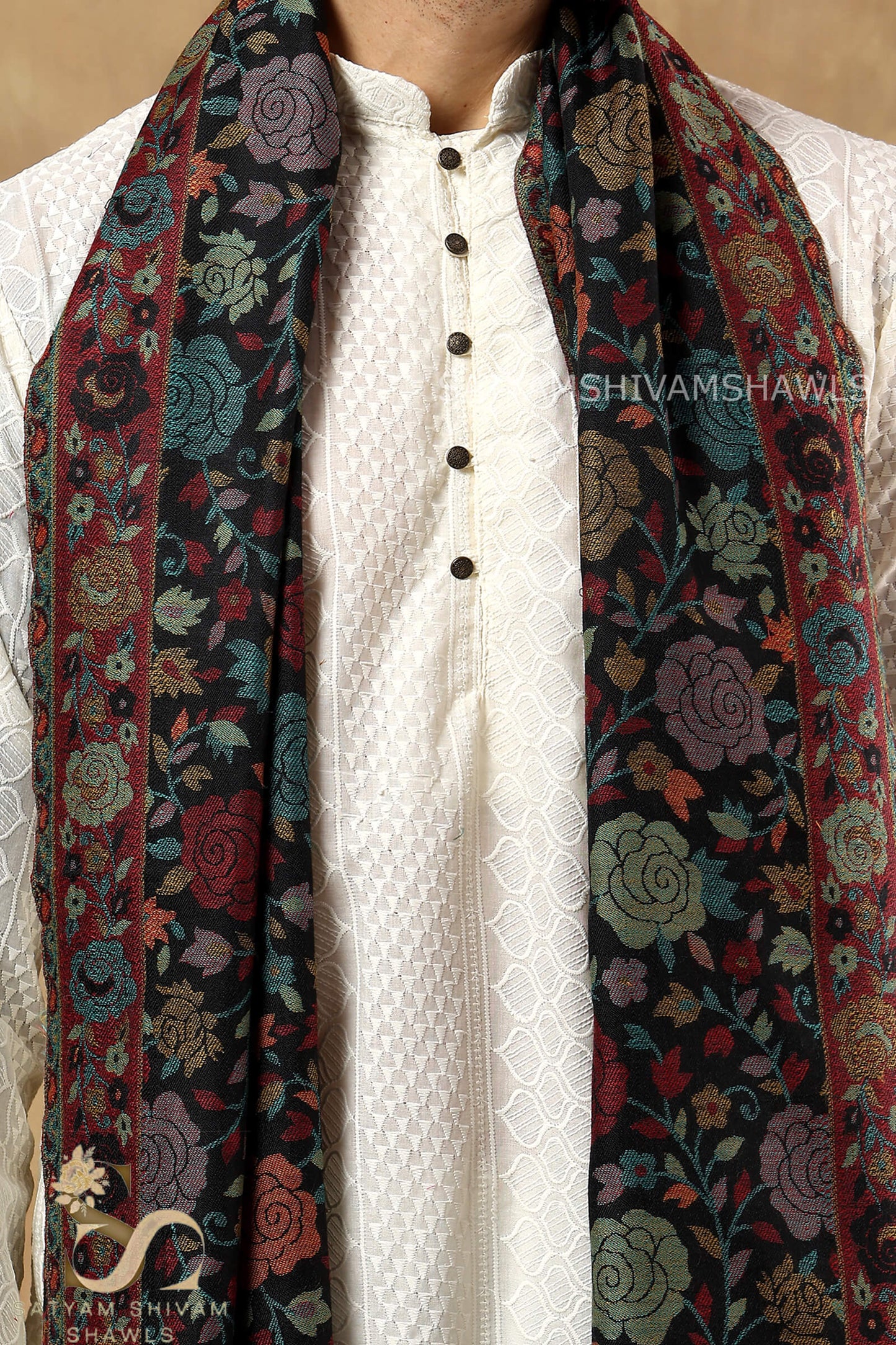 ARABIC ROSE KANI WOVEN LUXURY PASHMINA MENS STOLE,BLACK
