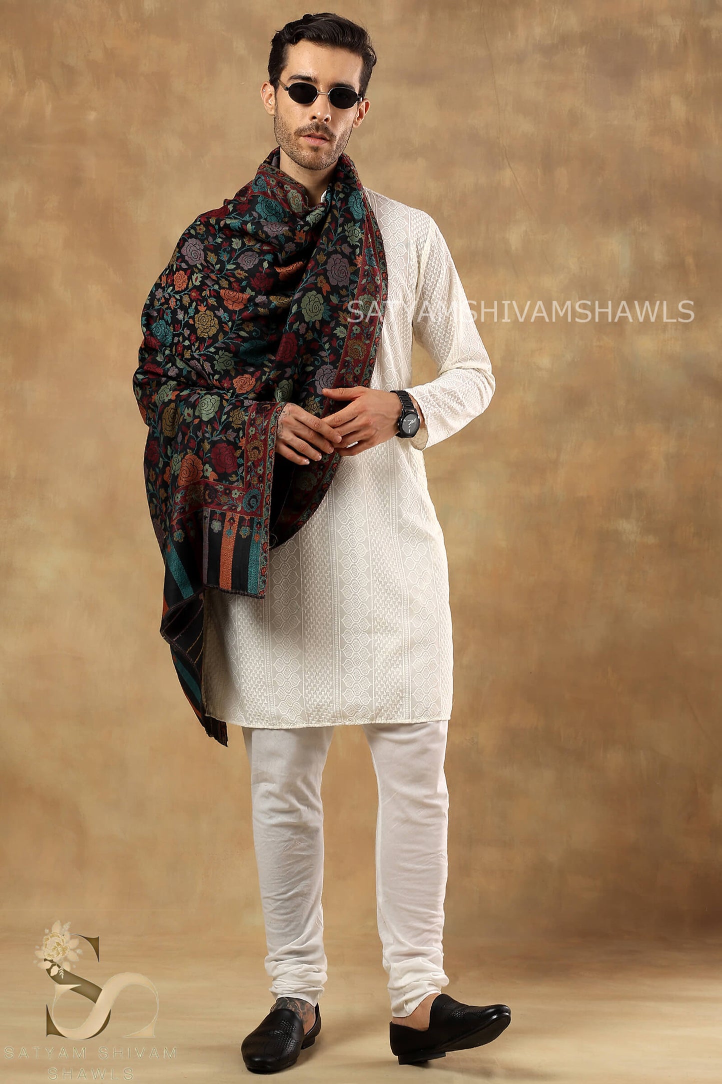 ARABIC ROSE KANI WOVEN LUXURY PASHMINA MENS STOLE,BLACK