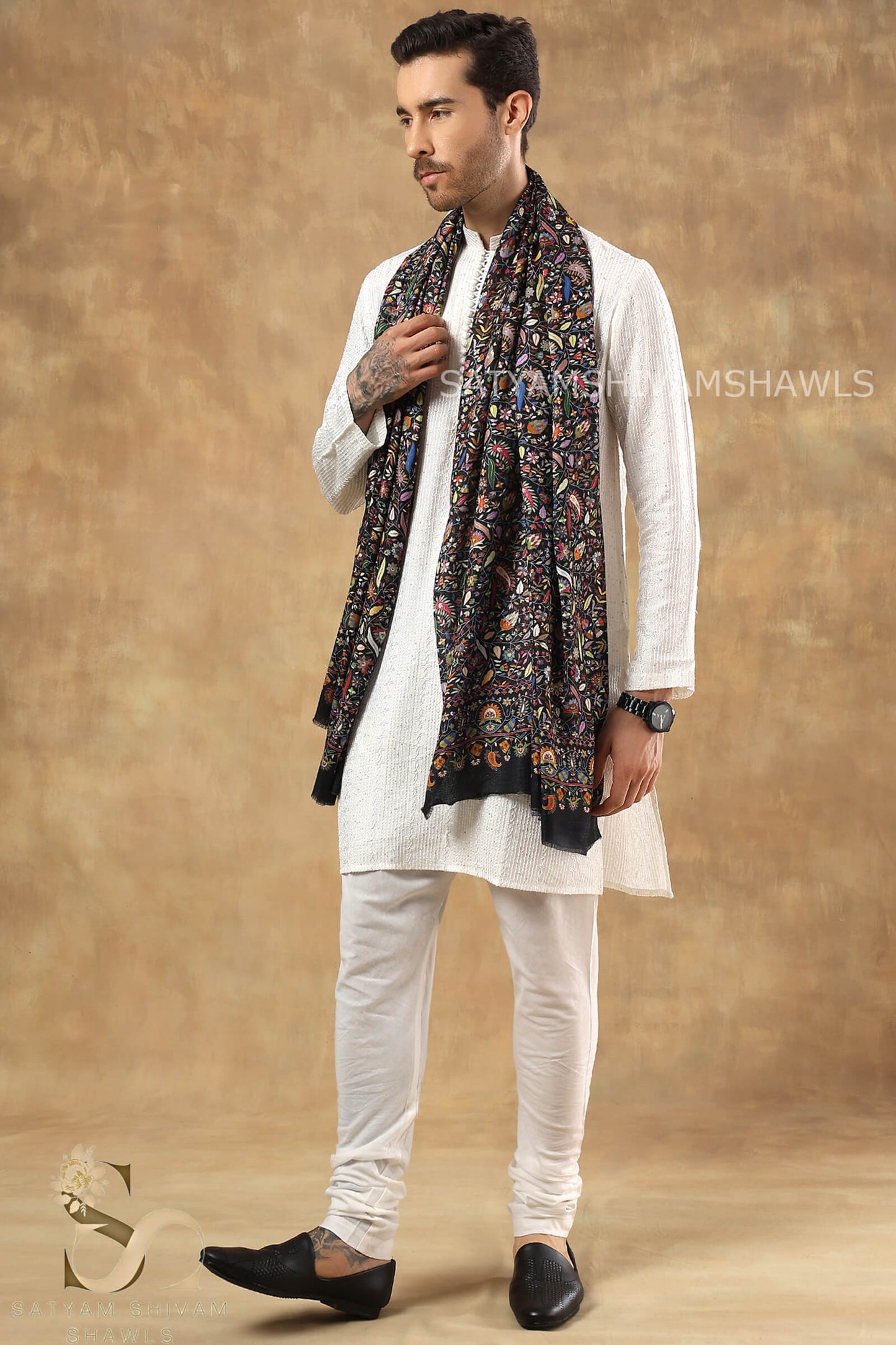 KALAMKARI KANI LEAF PRINT DESIGN MENS SHAWL SILK WOOL,BLACK