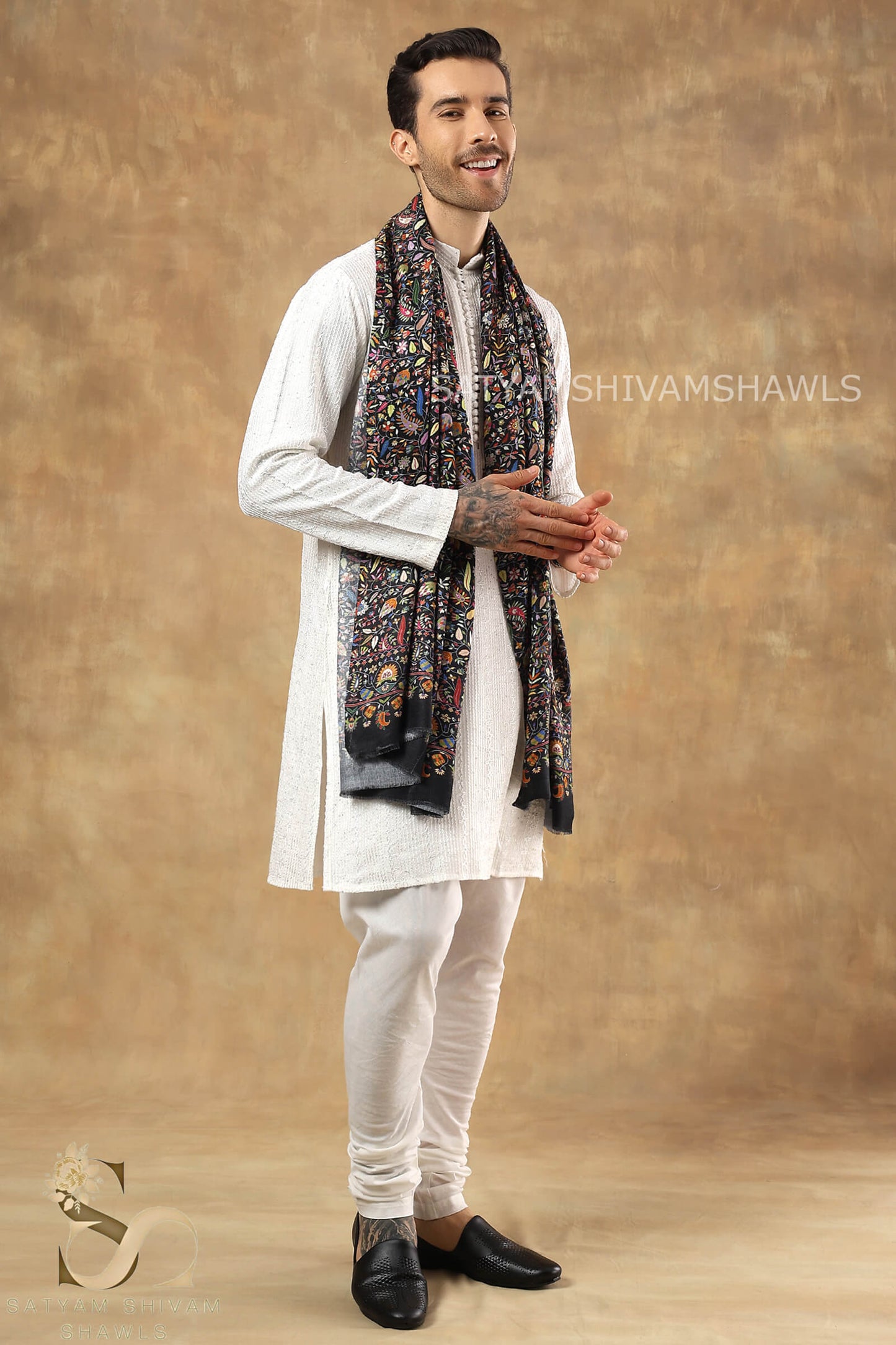 KALAMKARI KANI LEAF PRINT DESIGN MENS SHAWL SILK WOOL,BLACK