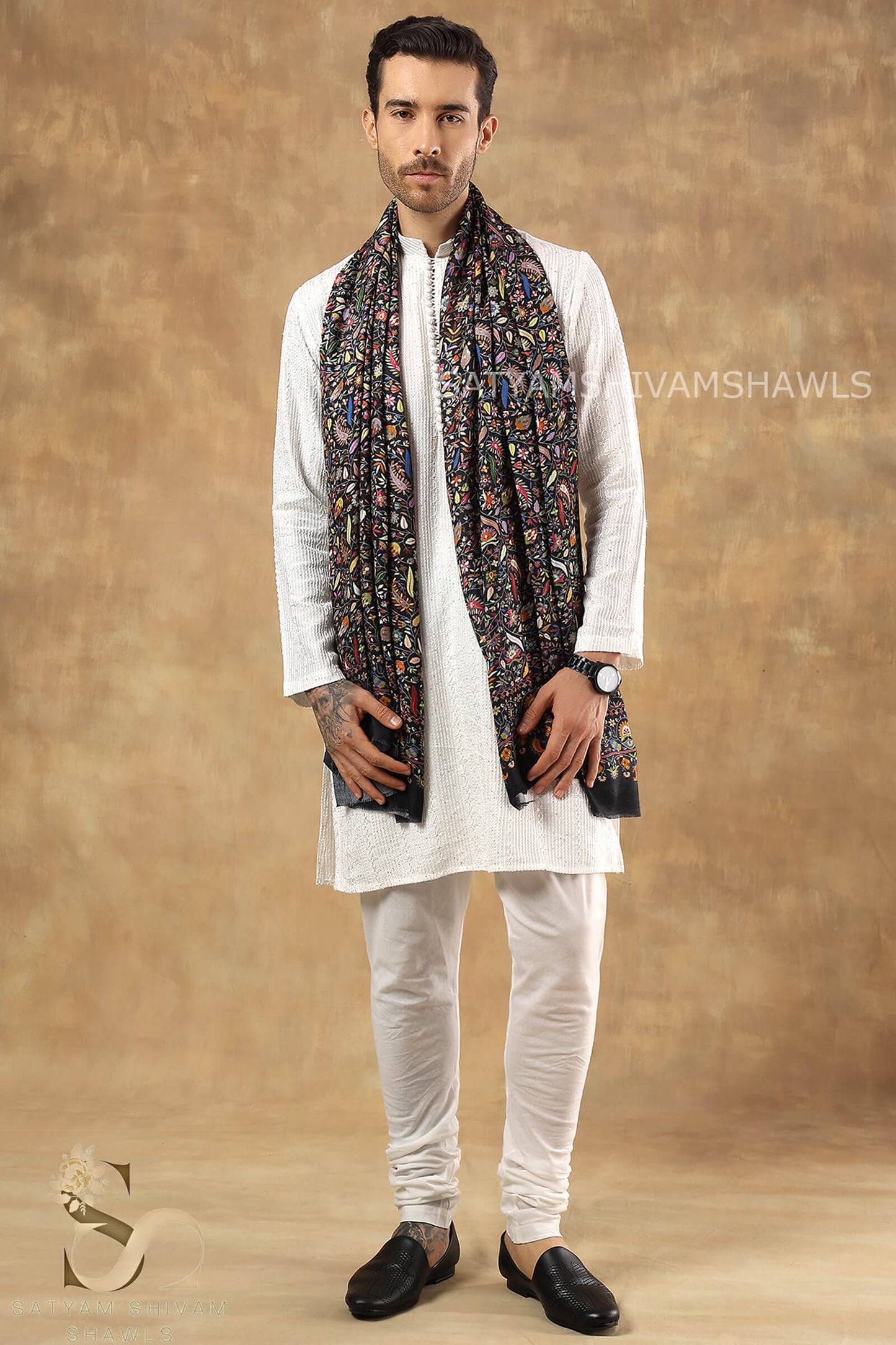 KALAMKARI KANI LEAF PRINT DESIGN MENS SHAWL SILK WOOL,BLACK