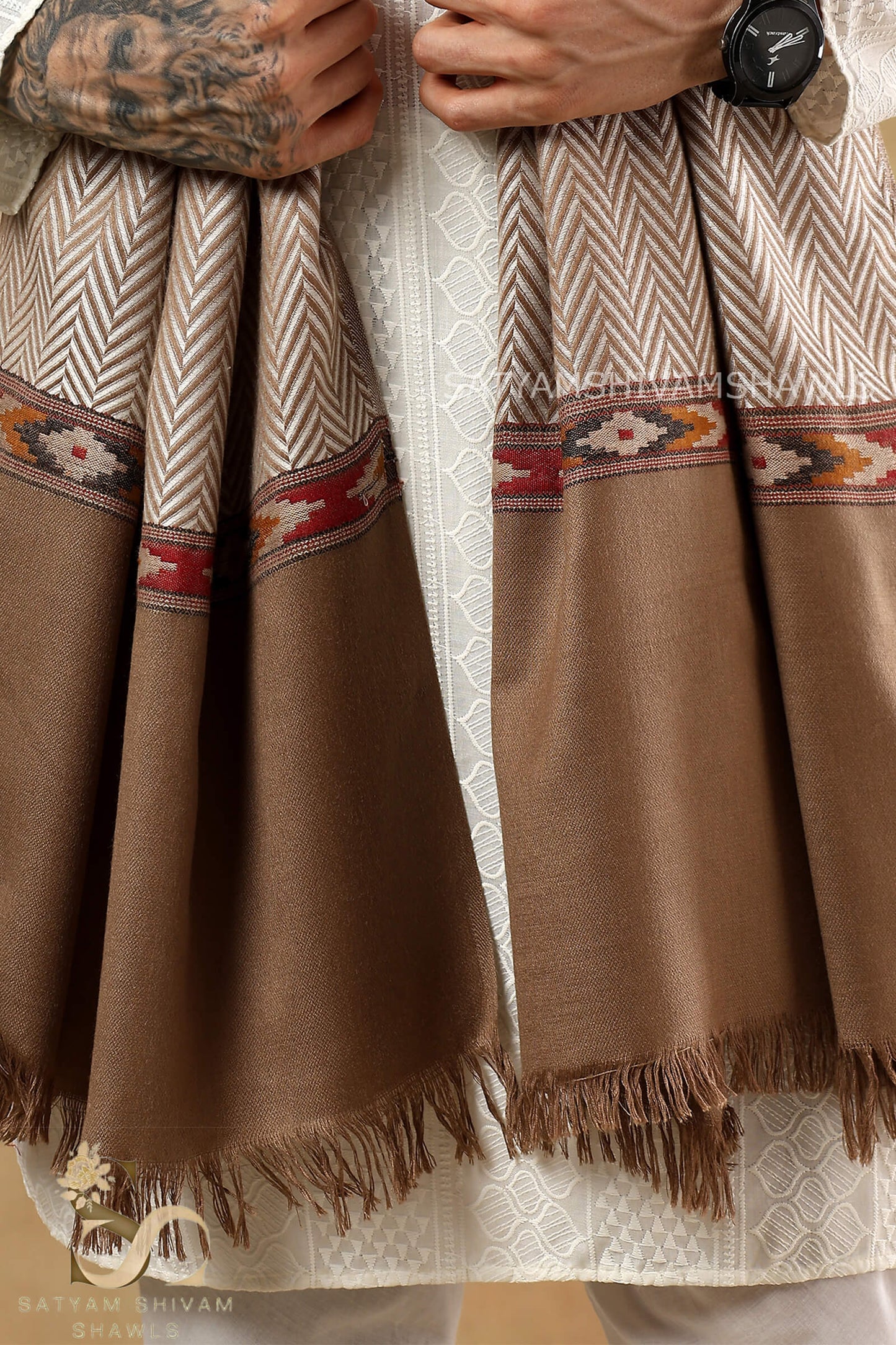 HIS AND HER SET OF MENS ZIG ZAG WOOL STOLE AND WOMEN PURE WOOL BORDER SHAWL