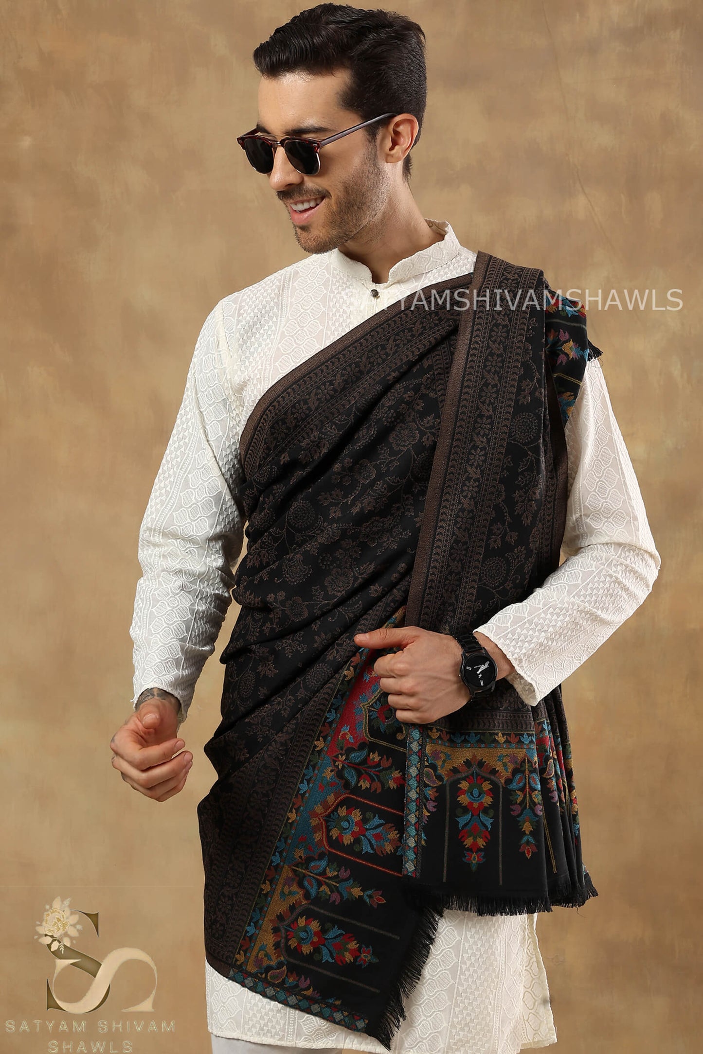 KASHIDA VINTAGE KANI WEAVED PALLA SHAWL,WARM AND SOFT,WARM BLACK COLOUR