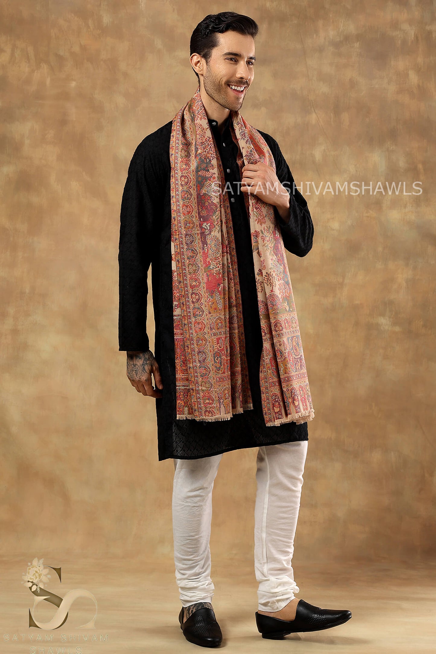 SHIKAADAR DESIGN KANI WOVEN PASHMINA BLEND MENS SHAWLS ,BEIGE