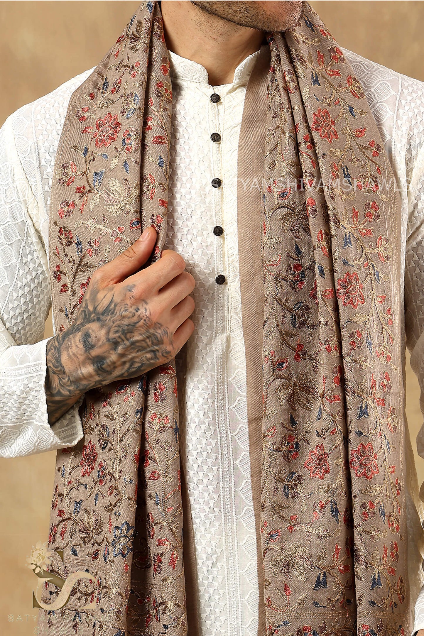 CHINAR LEAF PASHMINA FINE WOOL NALKI EMBROIDERY WEAVE MENS STOLE,WARM & SOFT,SKIN