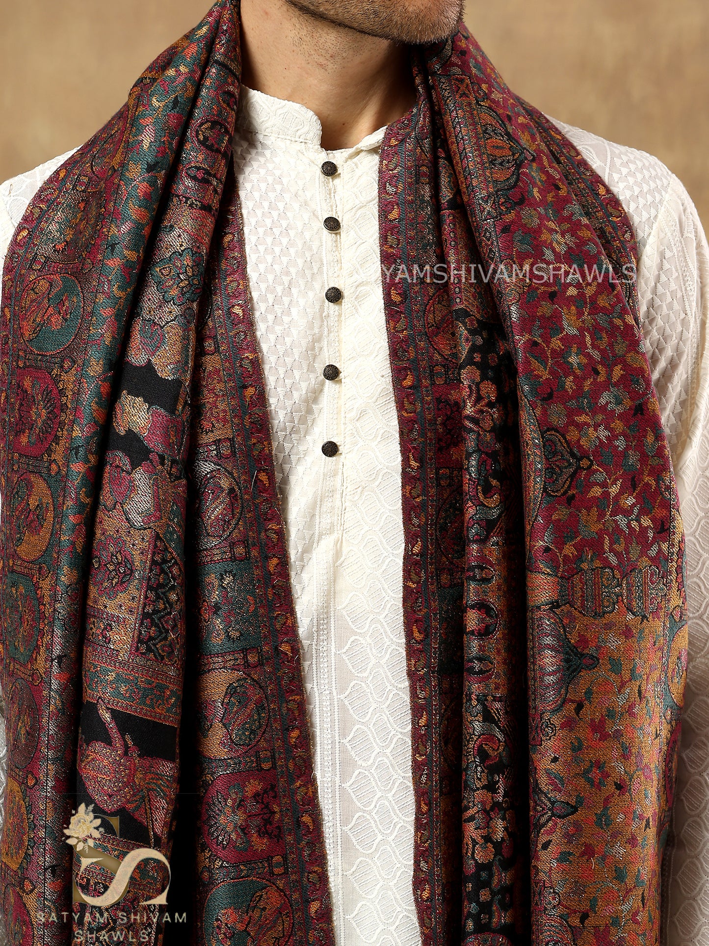 "SHAAN -E-DARBAR" THEME KANI PASHMINA BLEND WOOL MENS STOLES, BLACK