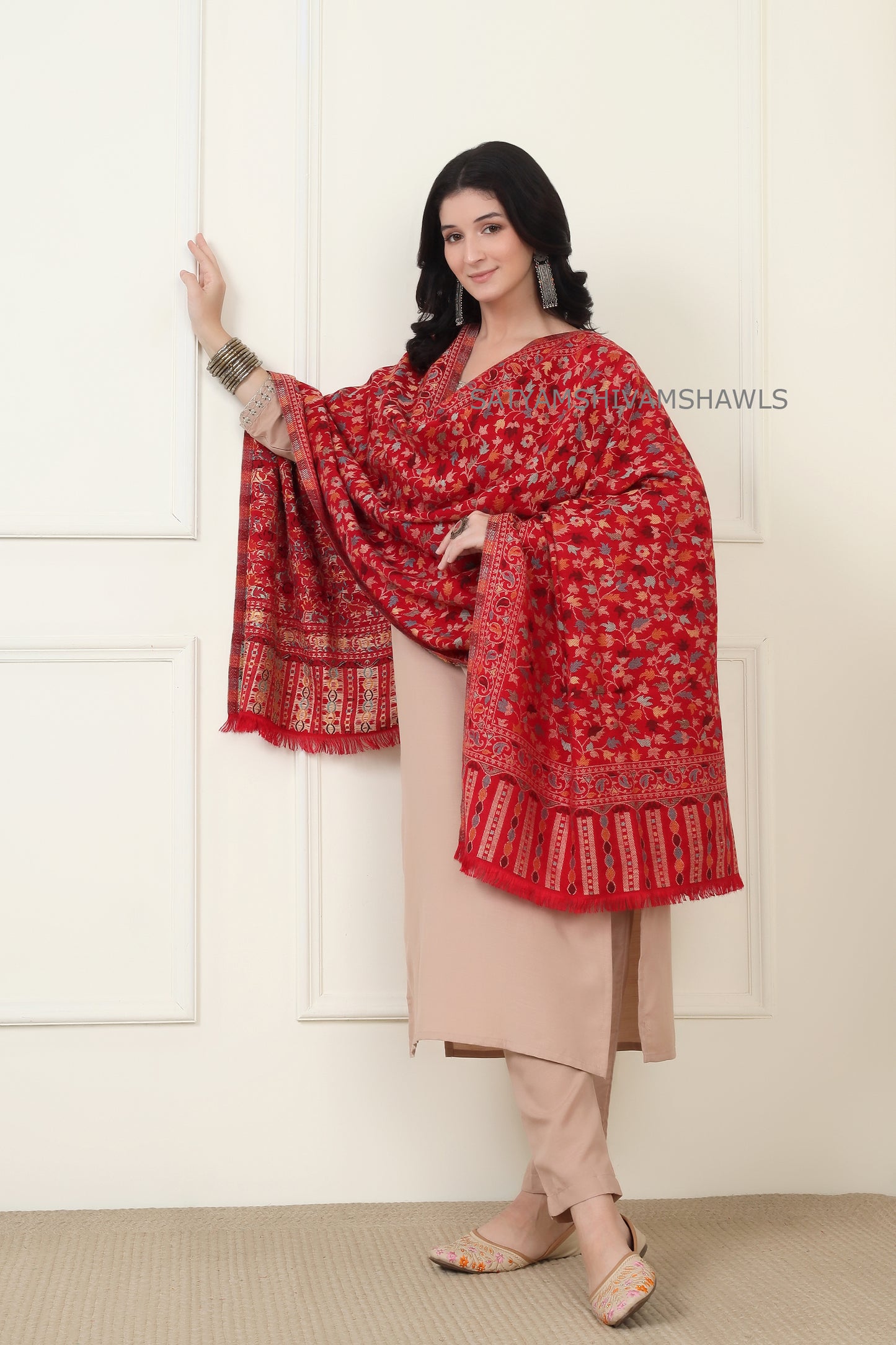 noor-e-kani multi pure wool stole,red