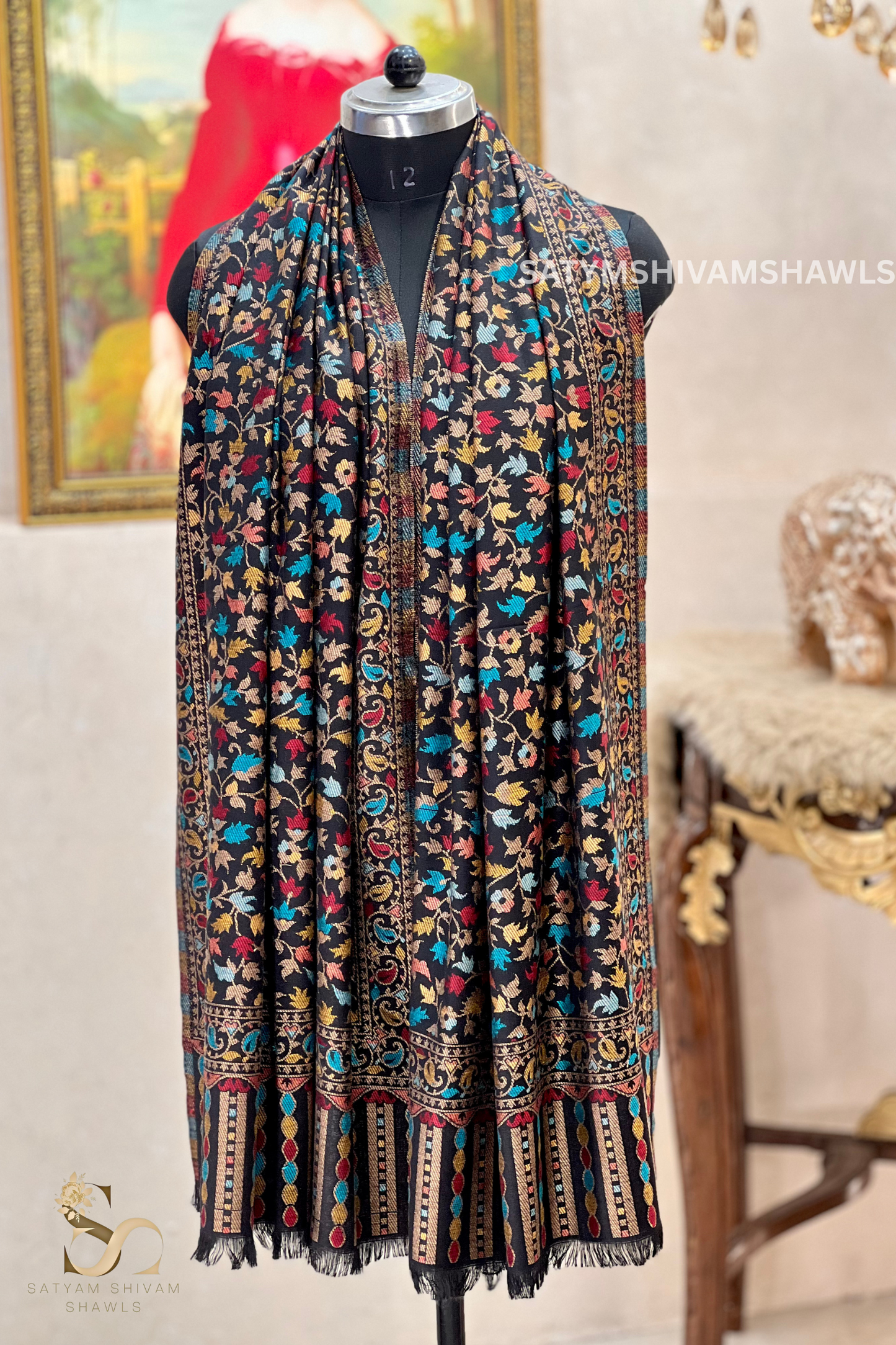 noor-e-kani multi pure wool stole,black