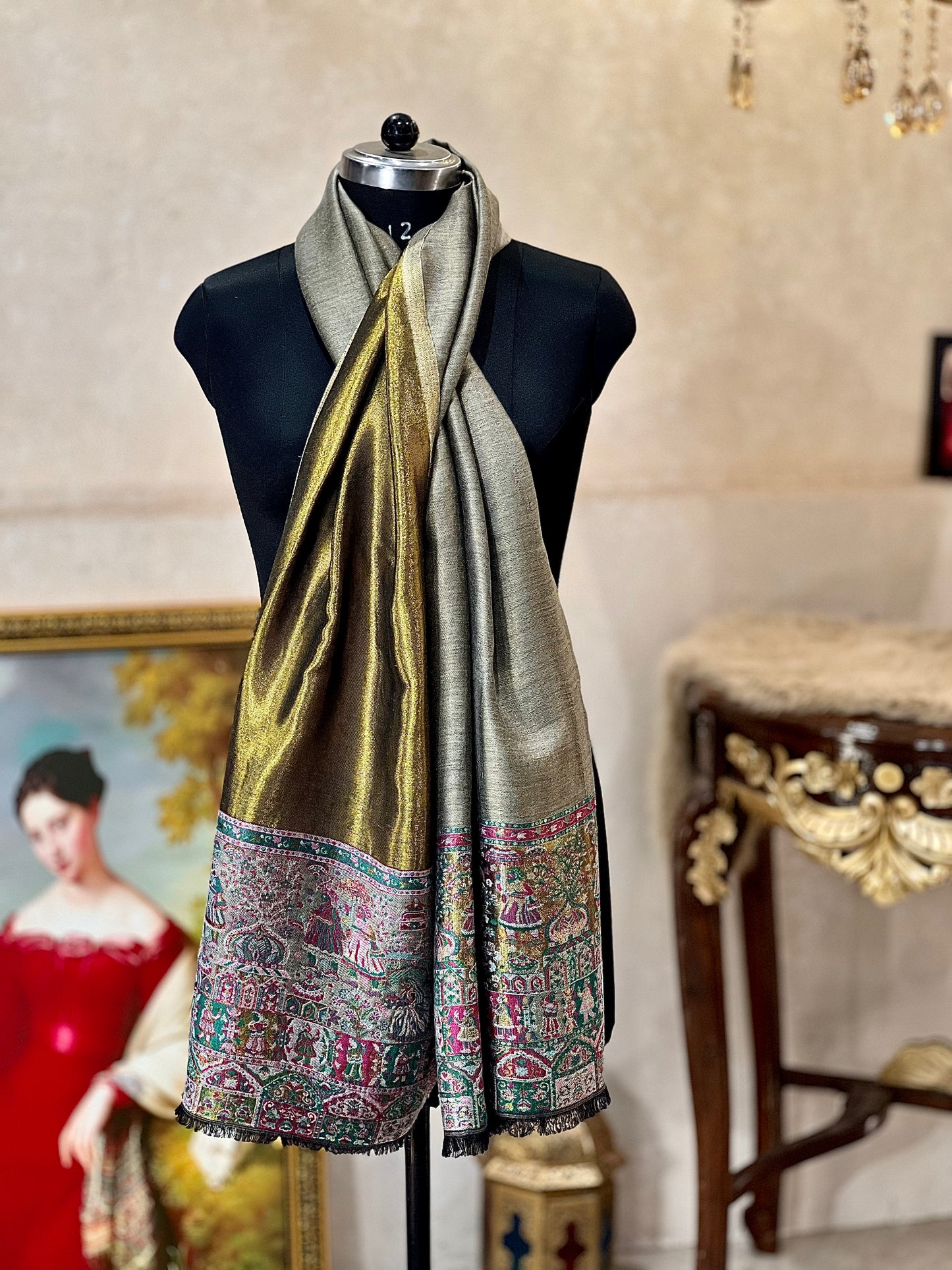 Twilight moonlight reversible kani palla stole, soft & warm,grey