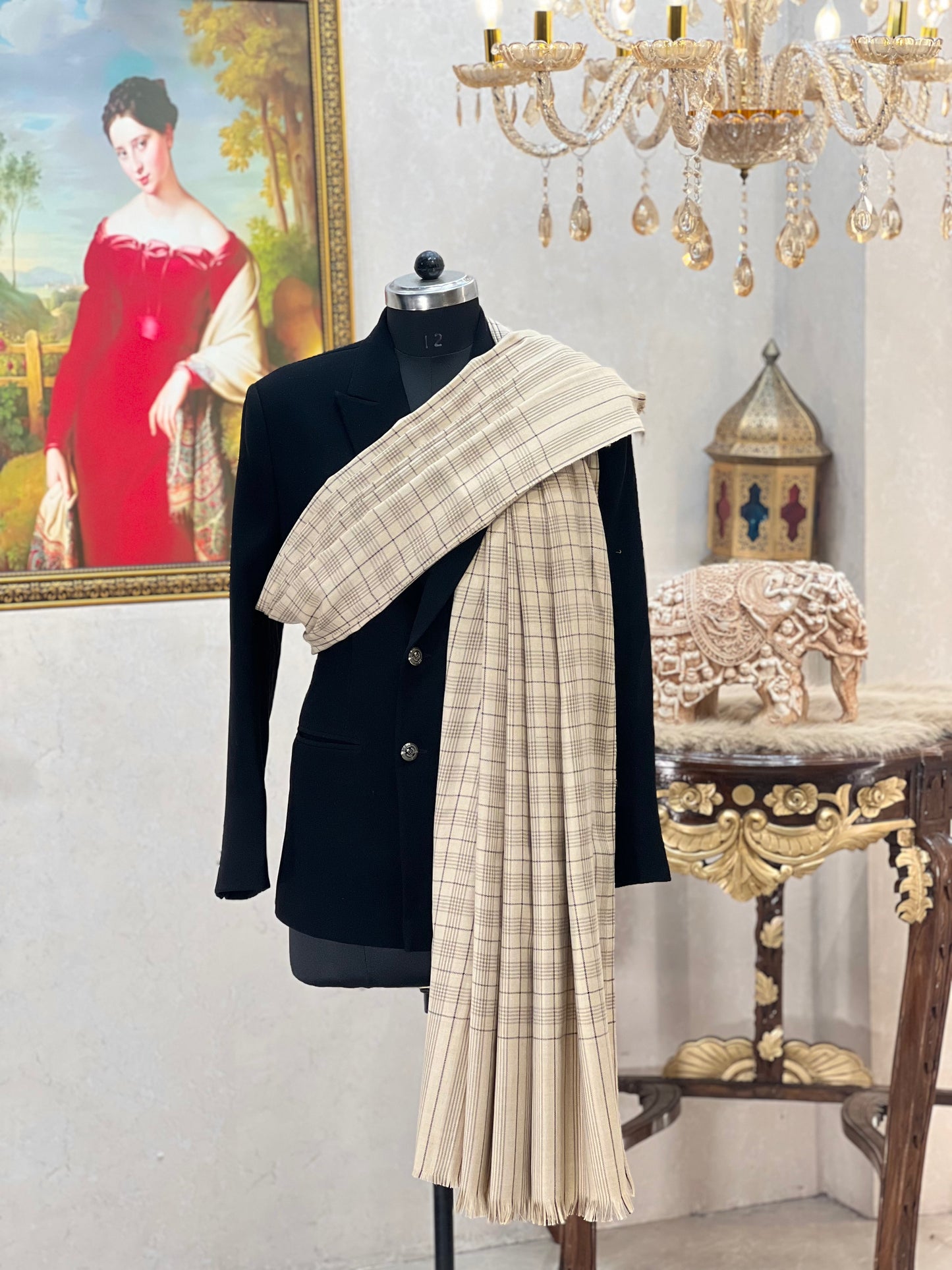 Mens Woven Check Shawl-pure wool , full size,skin colour