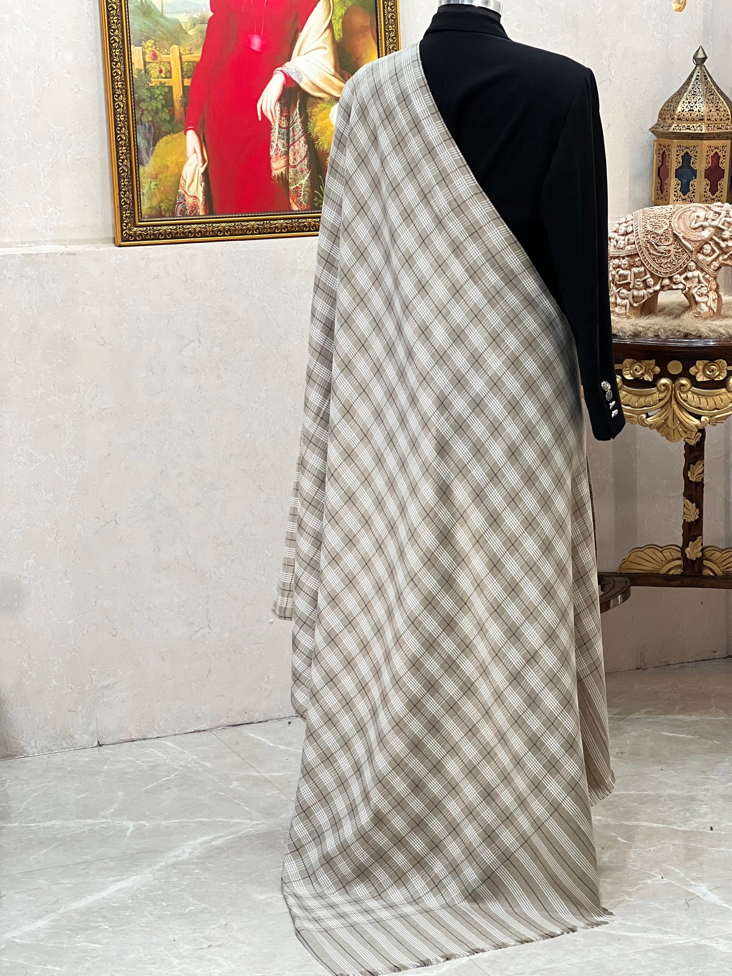 Mens Woven Check Shawl-pure wool ,beige colour