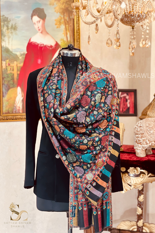 ARABIC ROSE KANI WOVEN LUXURY PASHMINA WOMENS STOLE,BLACK