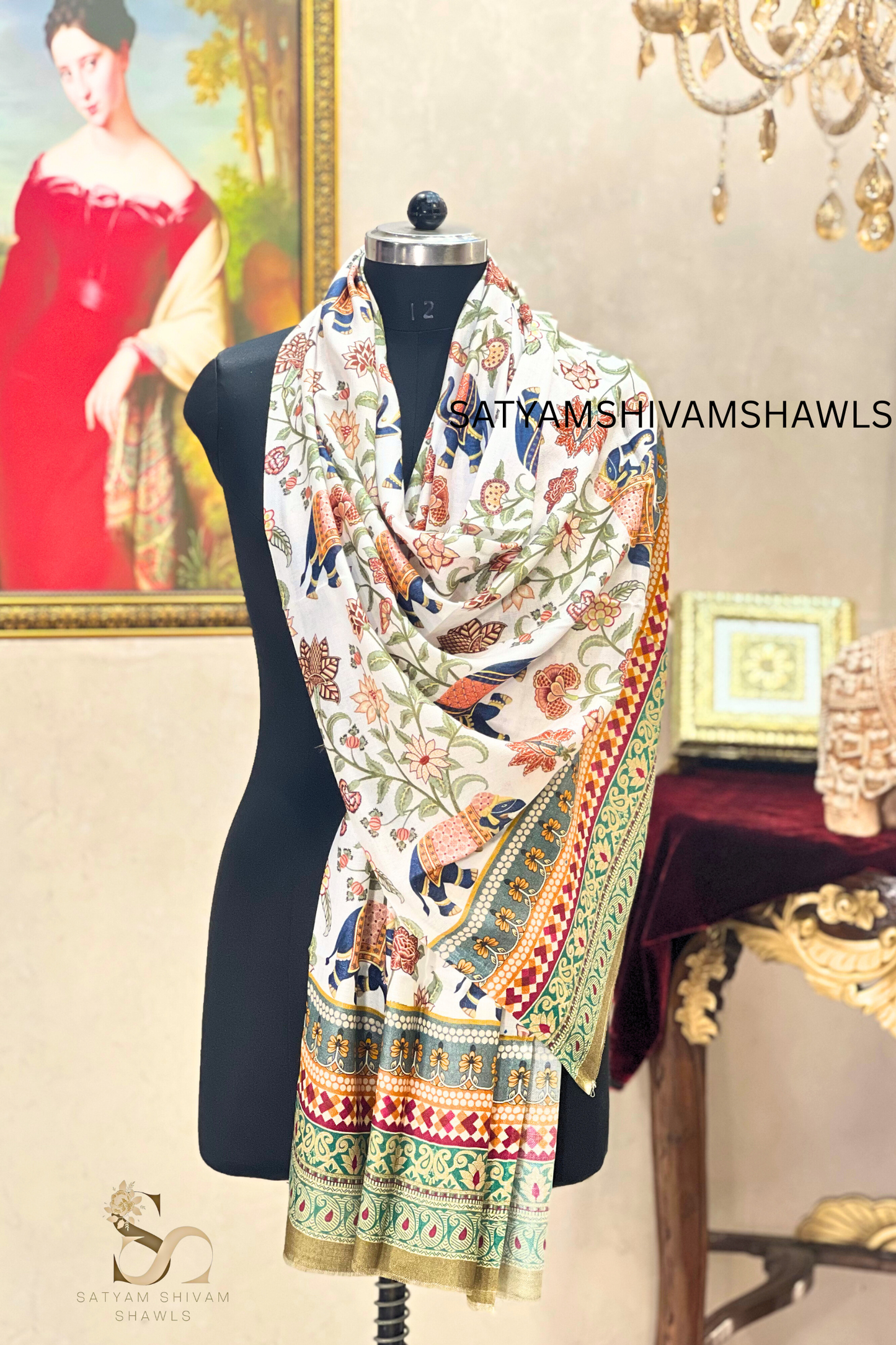 SHIKAARDAR WOMENS FINE SOFT PRINT SILK WOOL STOLE,WHITE