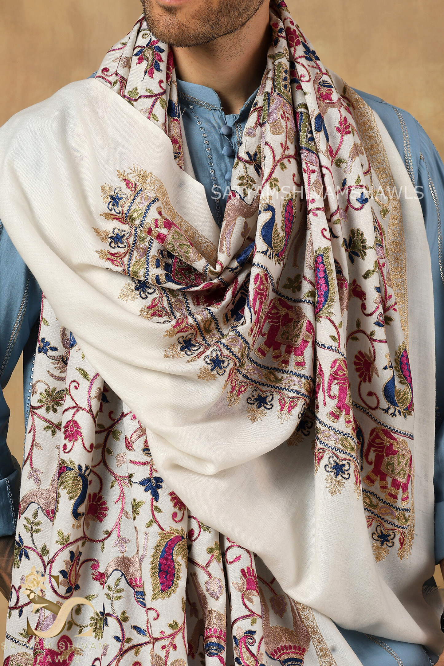 "SHIKAAR-E-KASHMIR" TILLA EMBRODIERY FINE PASHMINA WOOL, WARM AND SOFT,WHITE