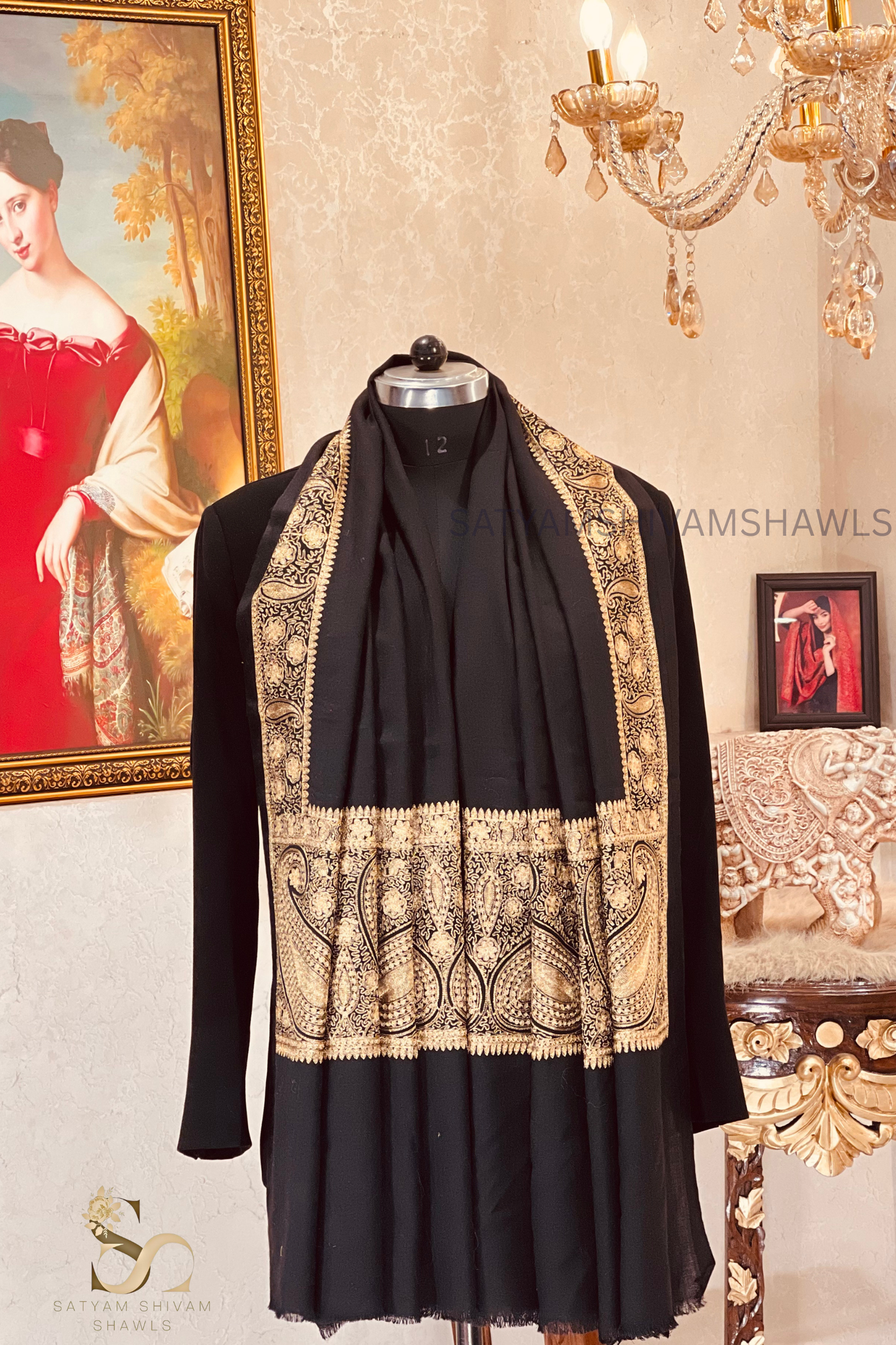 "MEHRUM ISHQ -E-KASHMIRI BORDER" TILLA EMBROIDERY FINE PASHMINA WOOL, WARM AND SOFT,BLACK