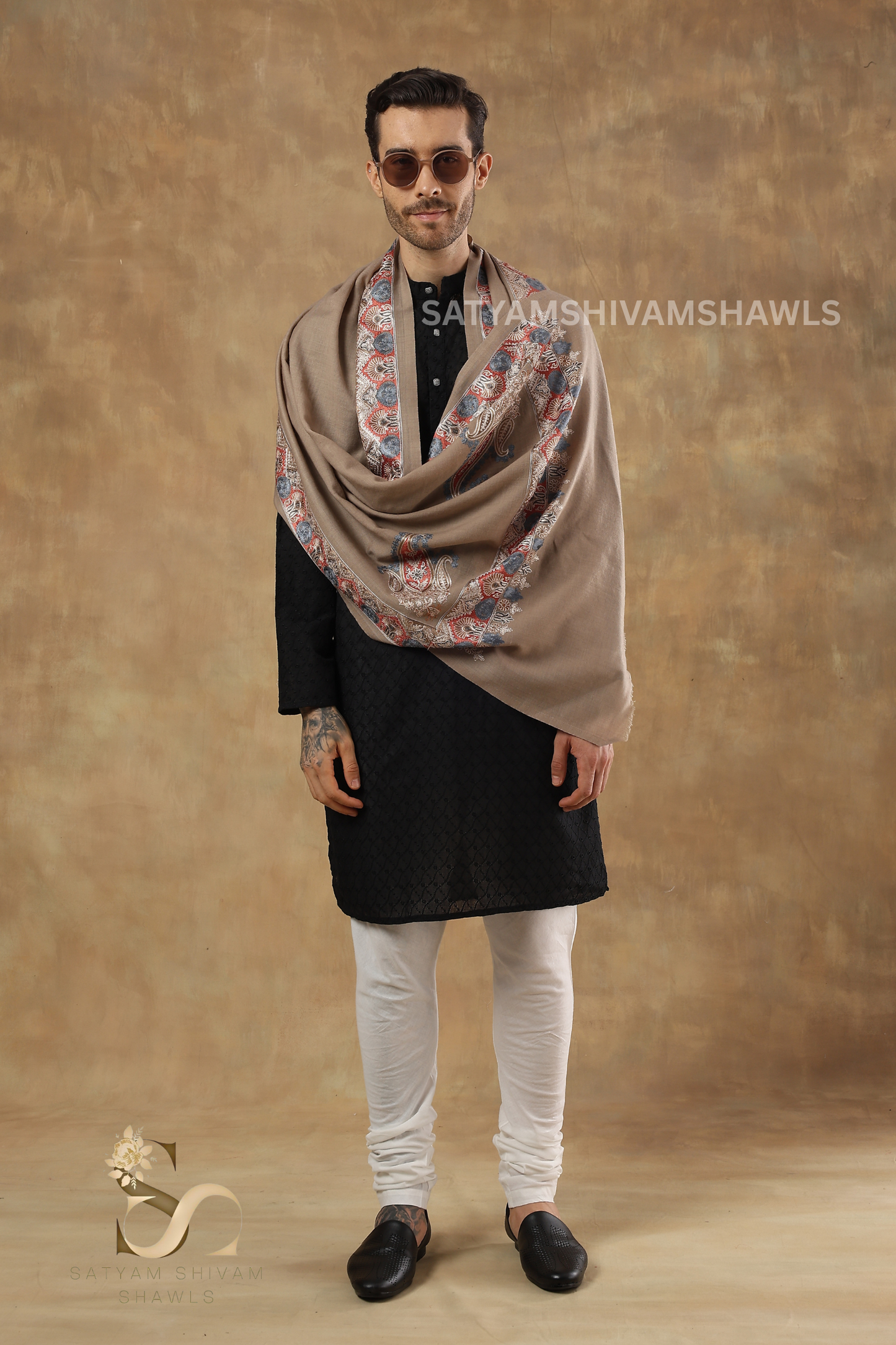VINTAGE KASHMIRI BORDER KUNJ MENS ,STOLE,TOOSH COLOUR