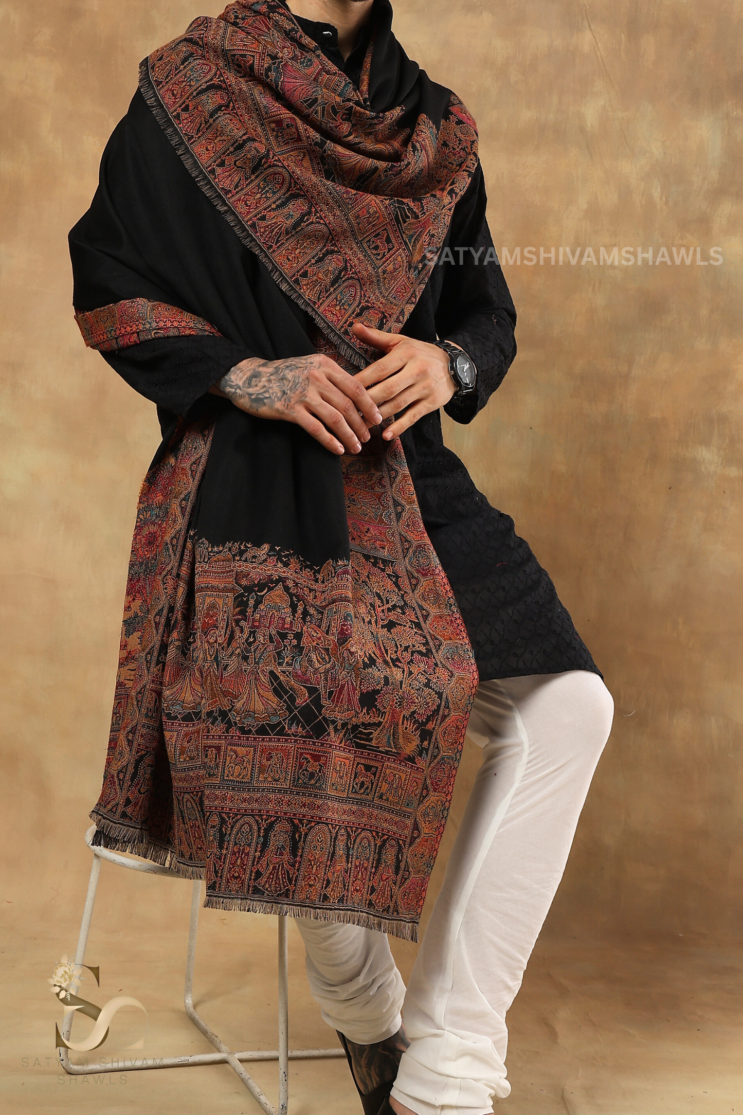 TAJ SAKHIYAAN KANI BORDER WEAVE SHAWL, SOFT, WARM AND LIGHT WEIGHT, BLACK