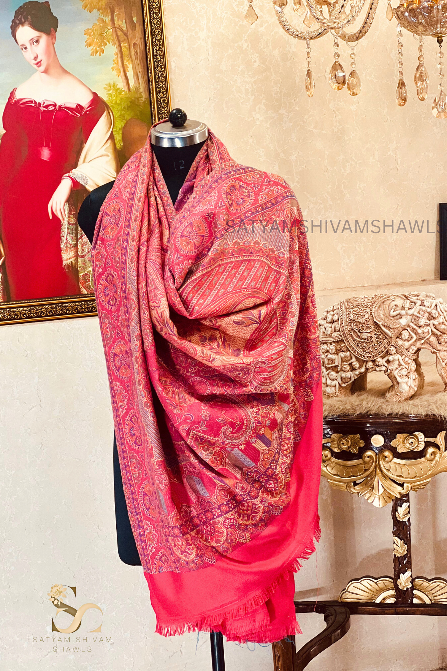 PURE WOOL ETHNIC KANI WEAVED SHAWL,WARM AND SOFT,CARROT PINK