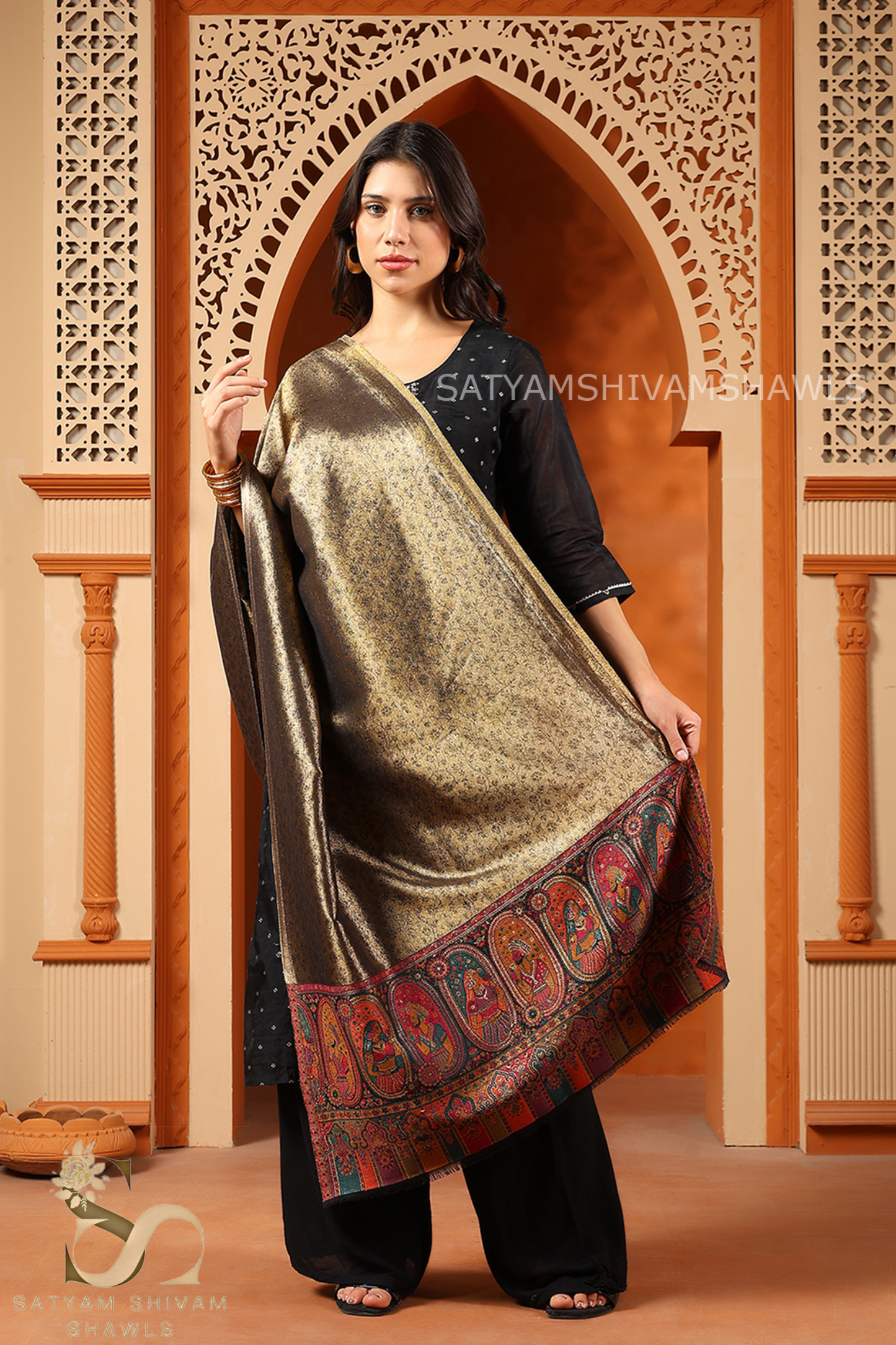 "Shaam-e-Mughal" TWILIGHT REVERSIBLE MUGHAL PALLA DESIGN SHAWL ,GOLDEN