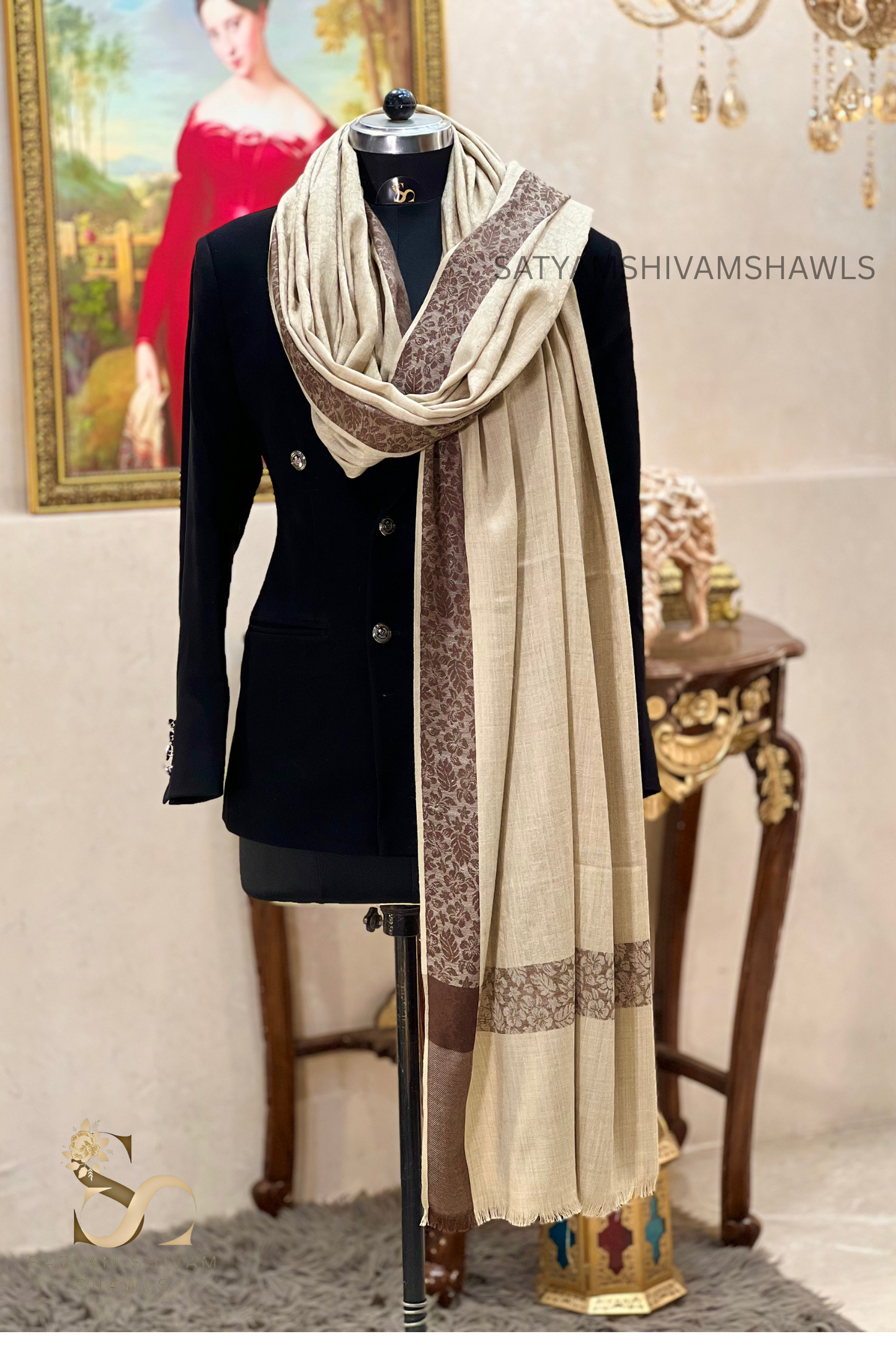 PASHMINA WOOL BORDER WEAVED SHAWL, SOFT, WARM AND LIGHT WEIGHT,BIG SIZE