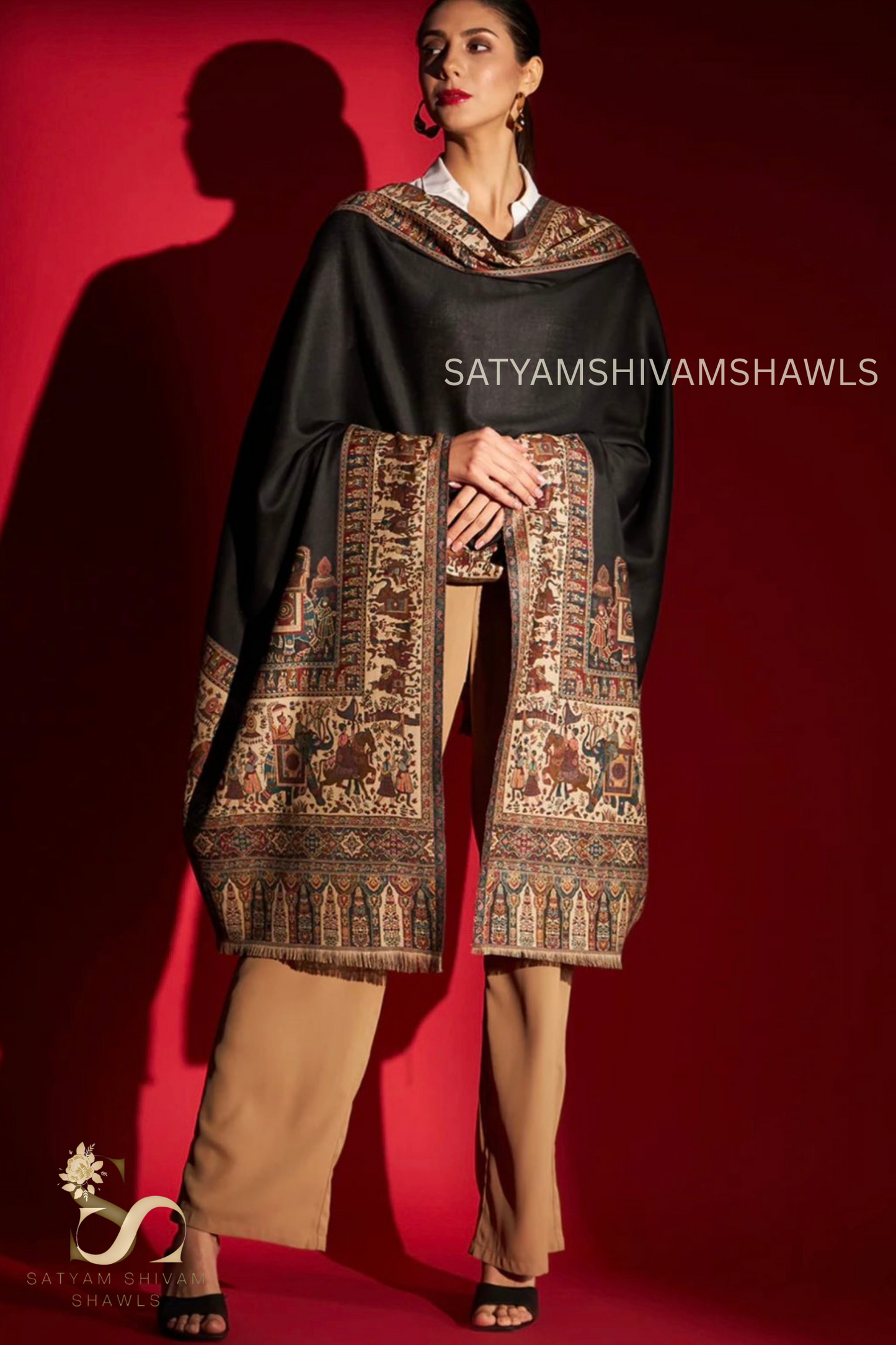 Pure wool elephant border dholi theme kani design shawl