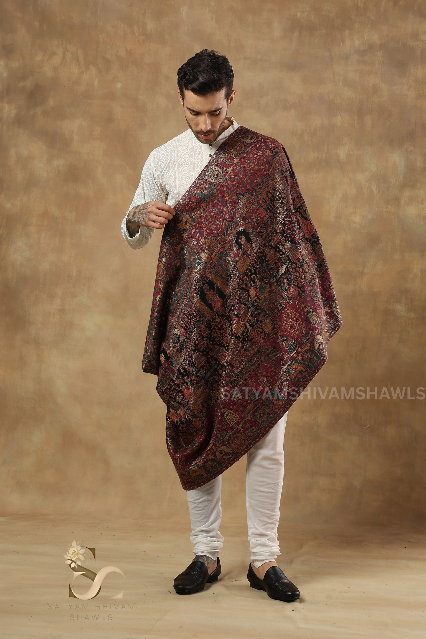 "SHAAN -E-DARBAR" THEME KANI PASHMINA BLEND WOOL MENS STOLES, BLACK