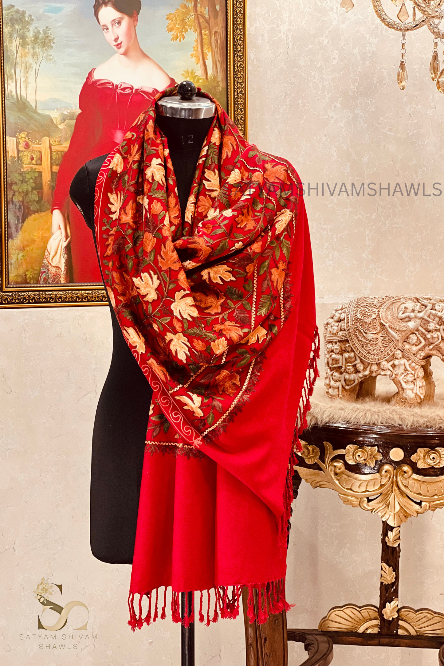 PURE WOOL KASHMIRI FINE ARRI WORK ANTIQUE CHINAR DESIGN STOLE,MEHROON