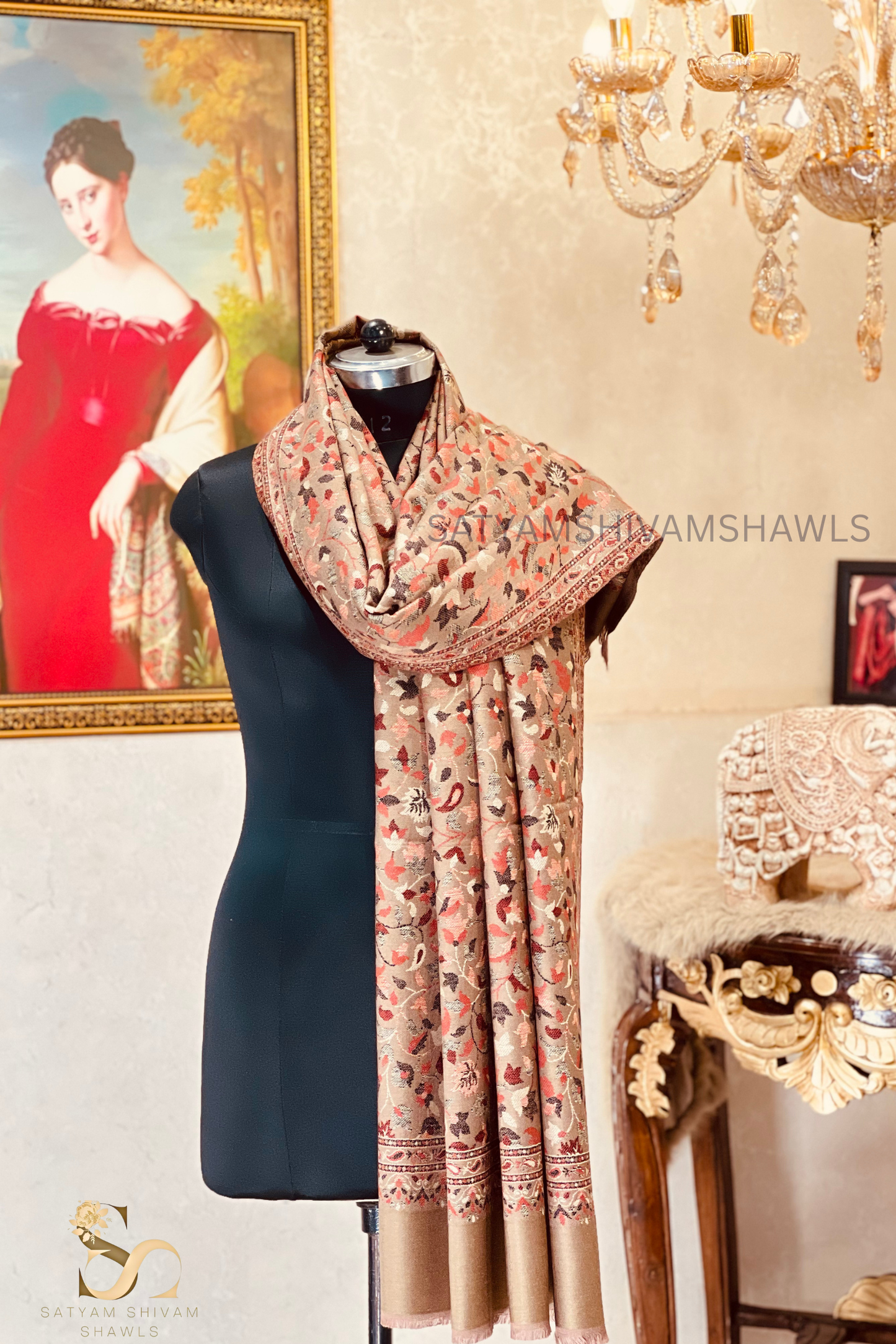 VINTAGE ROYAL JAMAWAR PAISLEY KANI DESIGN MENS SHAWL,BEIGE