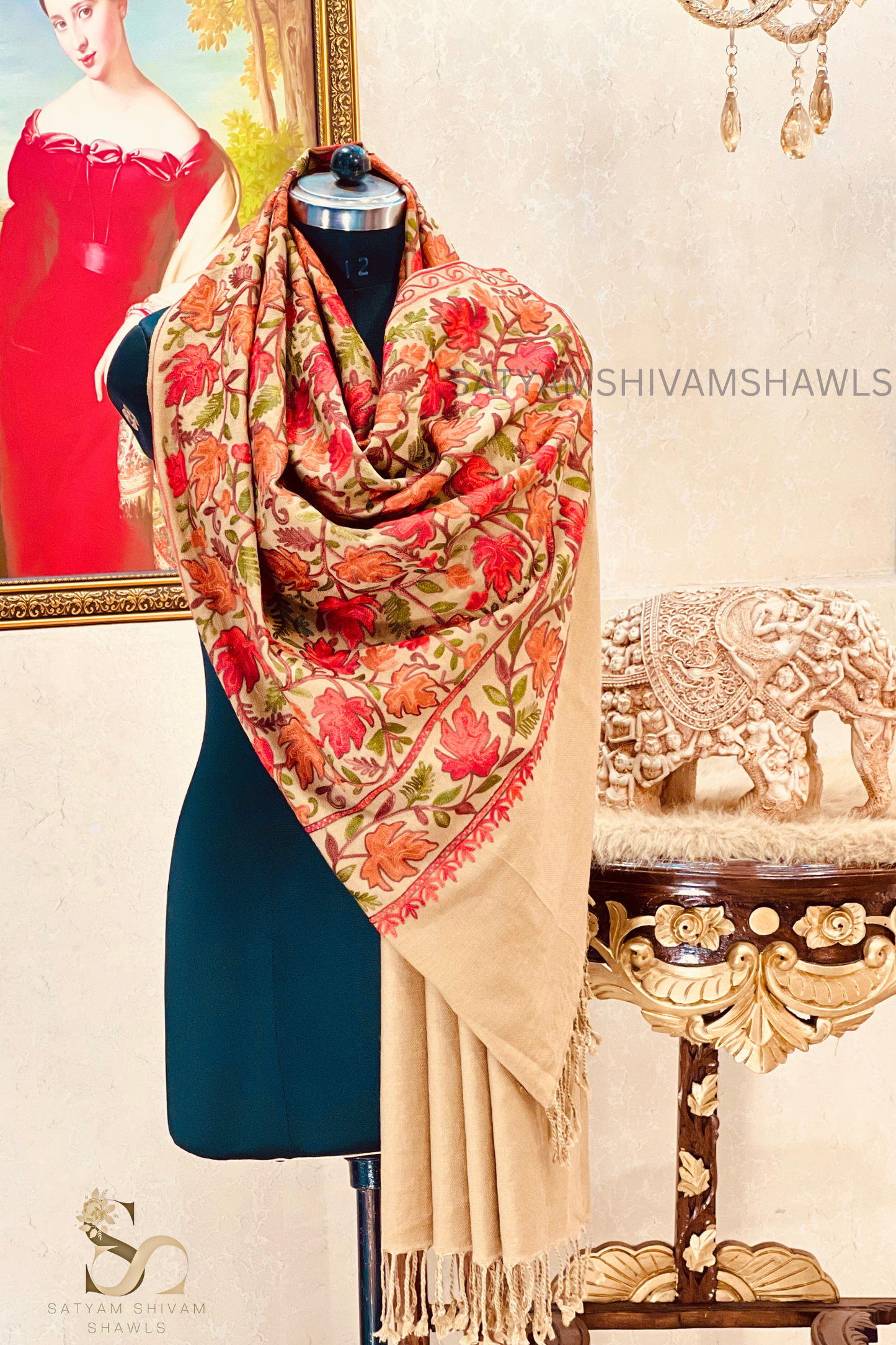 PURE WOOL KASHMIRI FINE ARRI WORK ANTIQUE CHINAR DESIGN STOLE,BEIGE