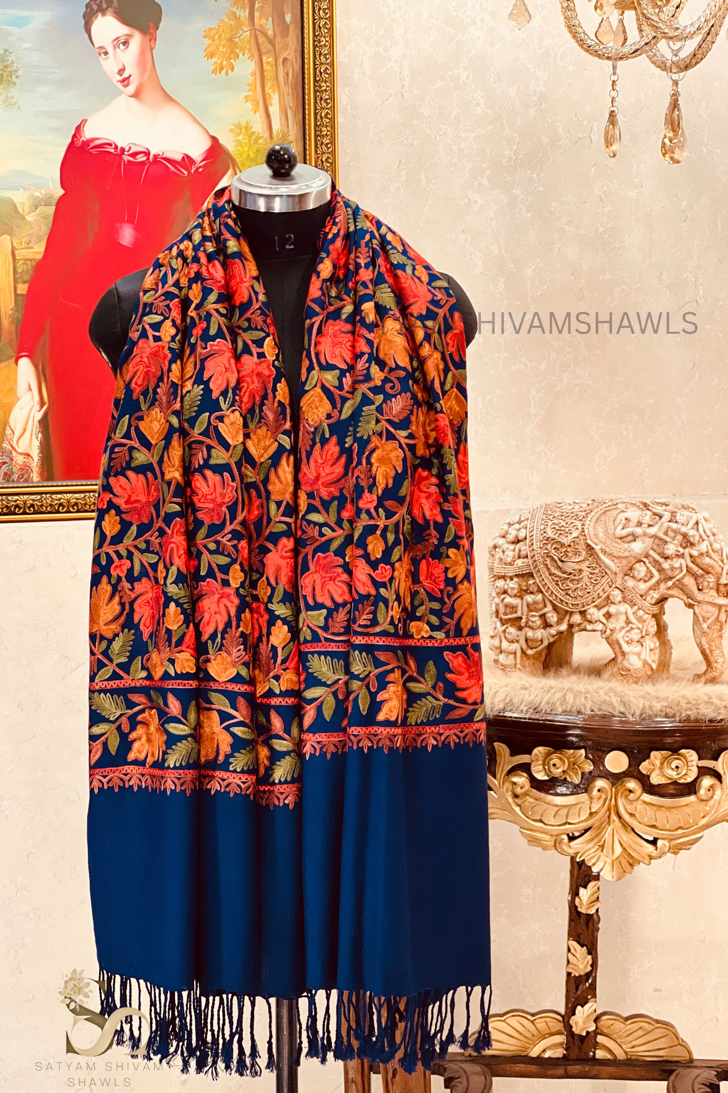 PURE WOOL KASHMIRI FINE ARRI WORK ANTIQUE CHINAR DESIGN STOLE,NAVY BLUE