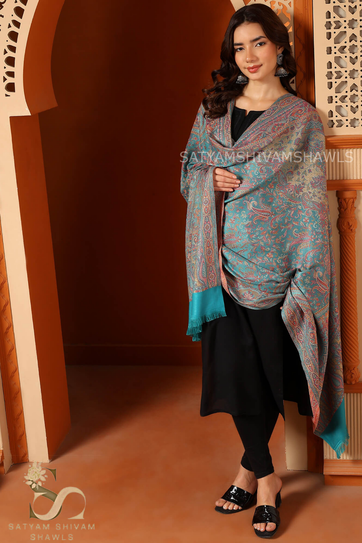 PURE WOOL ETHNIC KANI WEAVED SHAWL,WARM AND SOFT, C GREEN