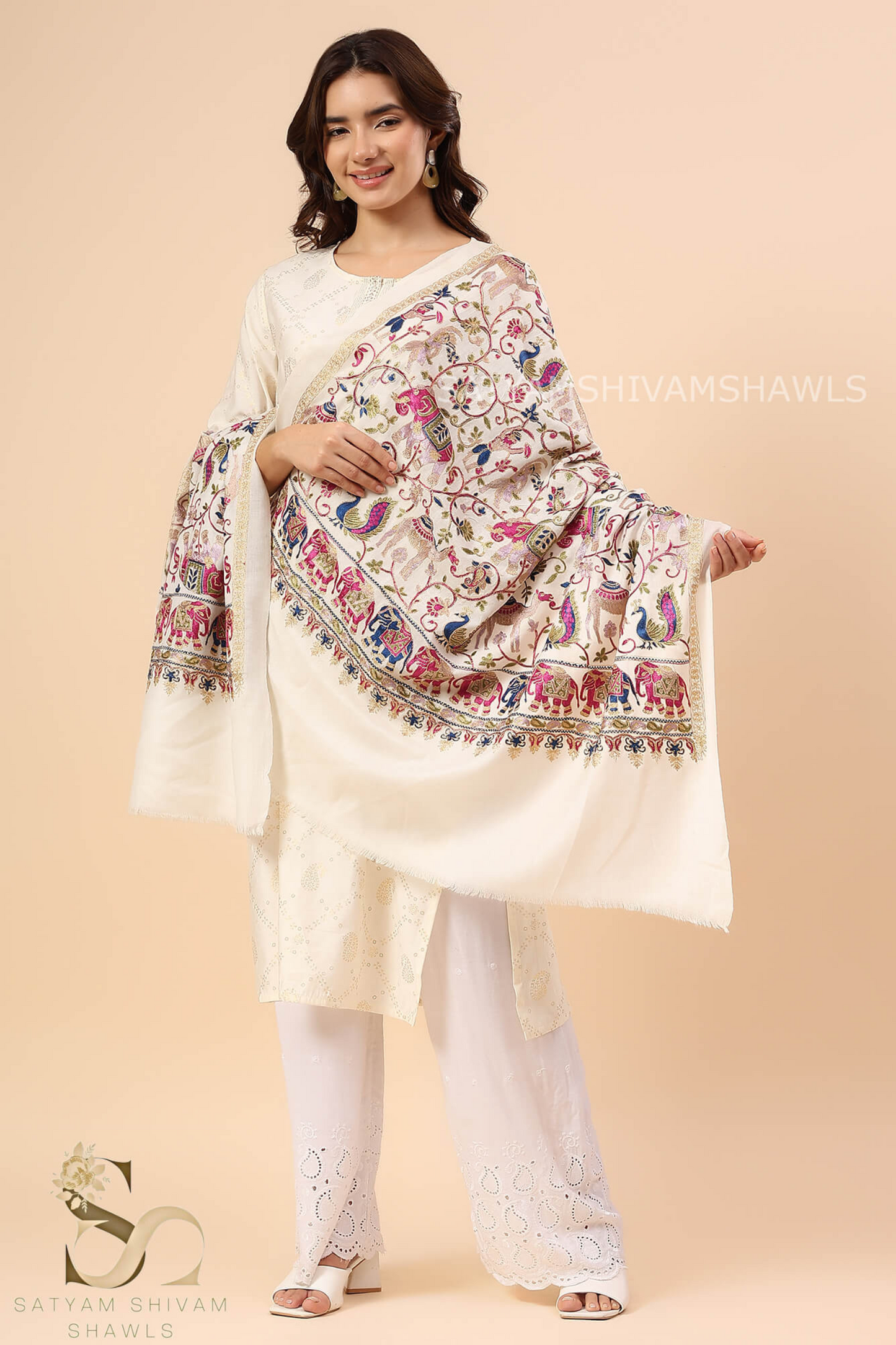 "SHIKAAR-E-KASHMIR" TILLA EMBRODIERY FINE PASHMINA WOOL, WARM AND SOFT,WHITE