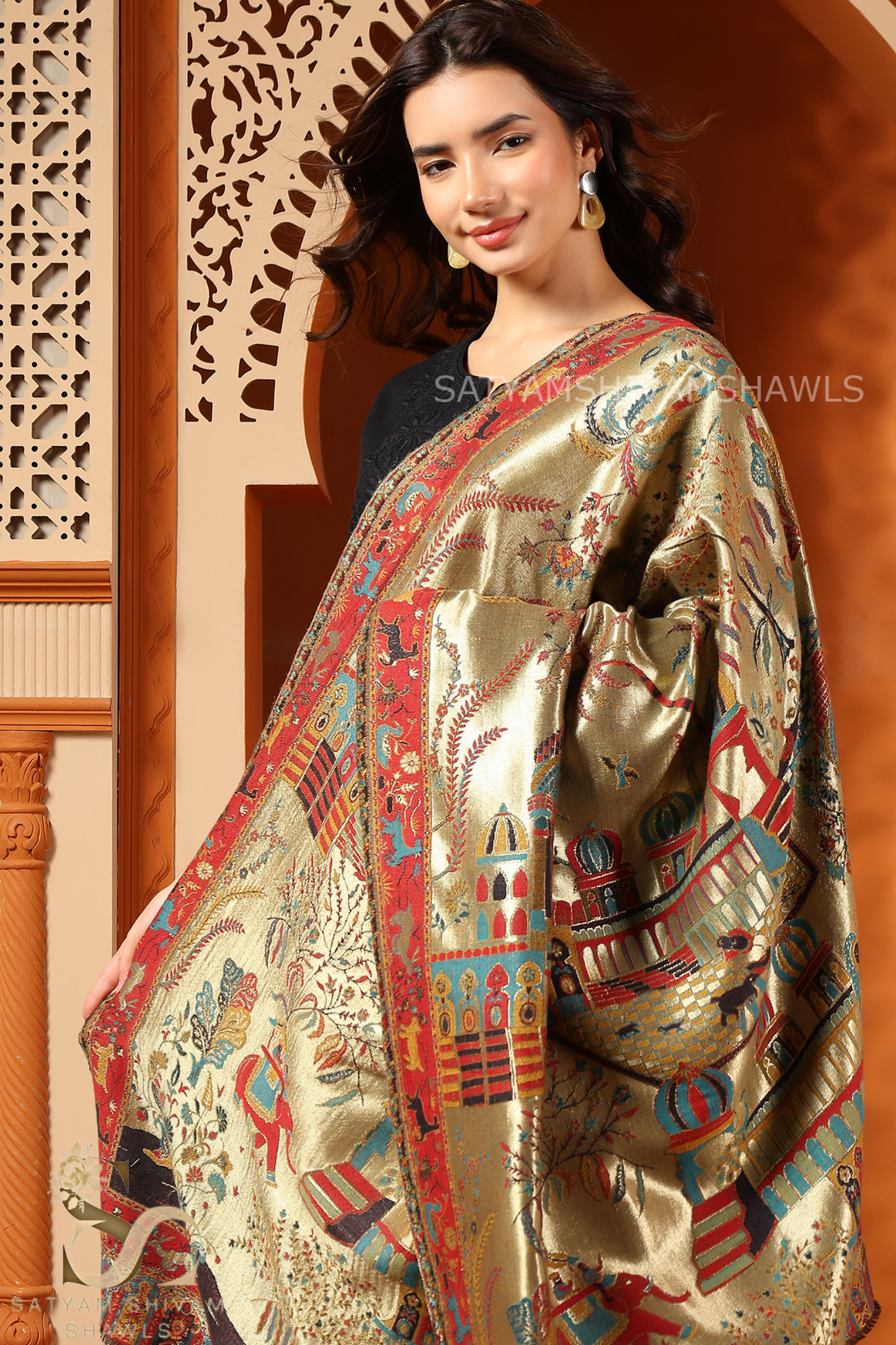 TWINLIGHT REVERSIBLE FINE WOOL PASHMINA SHAWL,MEHROON GOLDEN