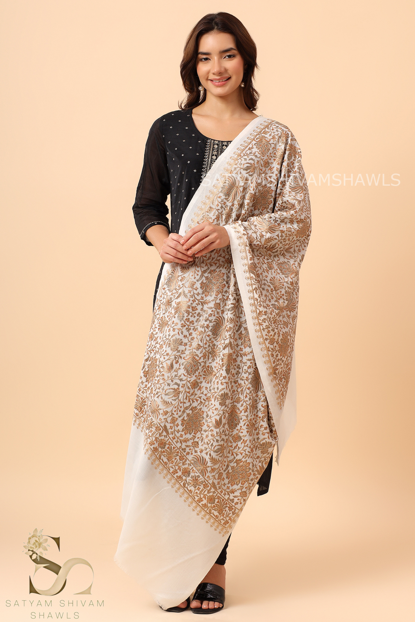 PASHMINA FINE WOOL NALKI EMBRODIERY WEAVE STOLE,WARM & SOFT,WHITE